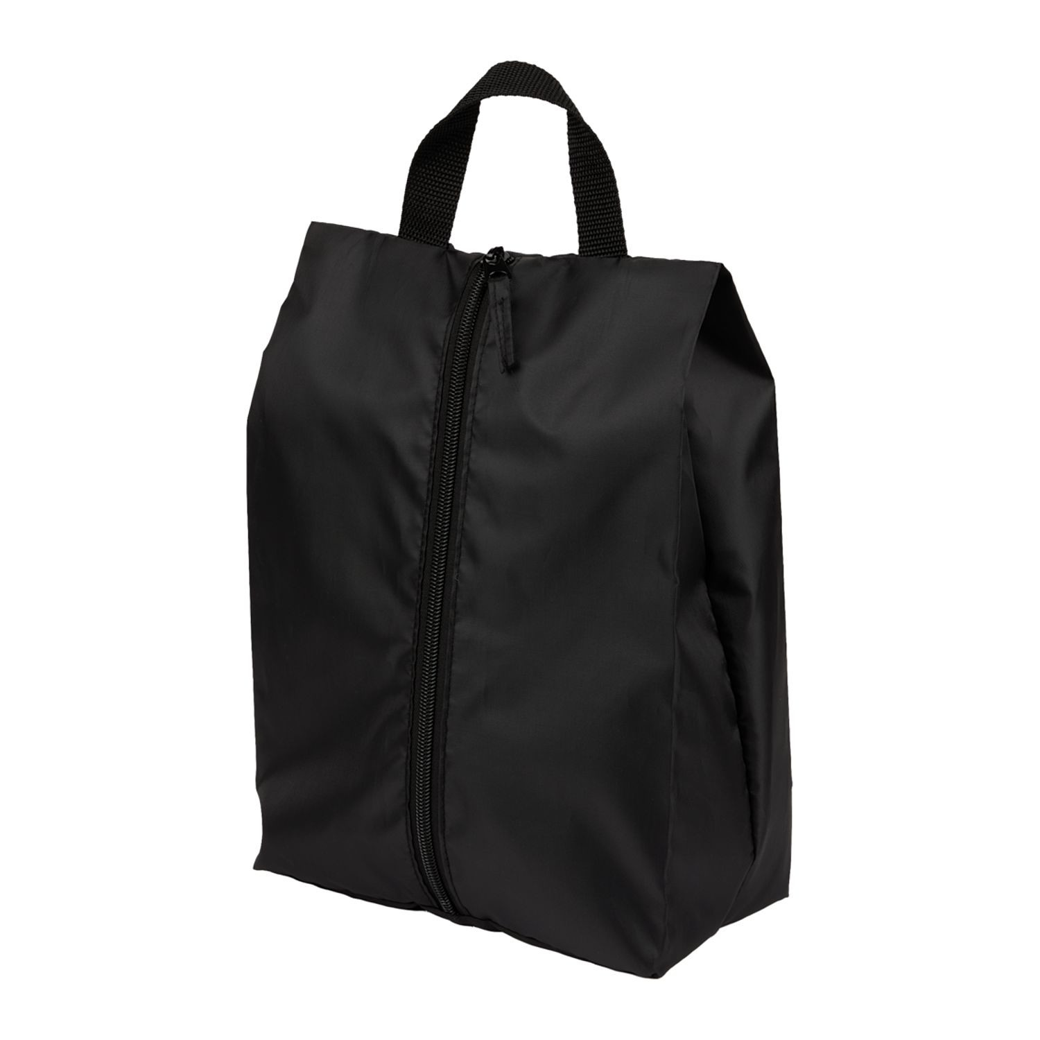 Black recycled polyester shoe bag with spacious main compartment, carry handle, and lightweight travel-friendly design for storing and transporting footwear.