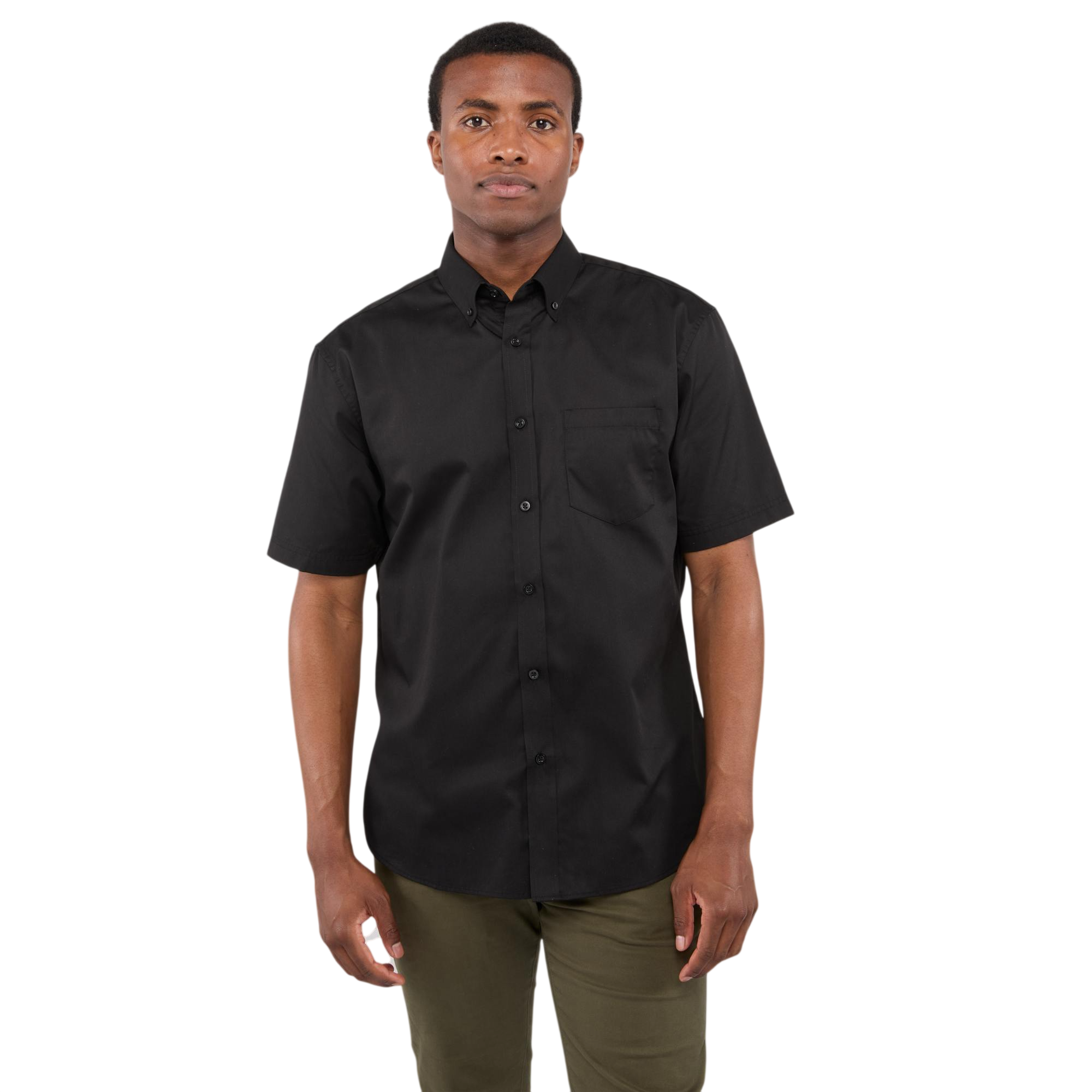 Black Men's Stirling Short Sleeve Button Up Shirt in a durable woven twill blend of polyester and combed cotton, featuring a short sleeve design, center-front button placket, left chest pocket, and center-back box pleat, designed for professional workwear and uniform use with a clean, structured appearance.