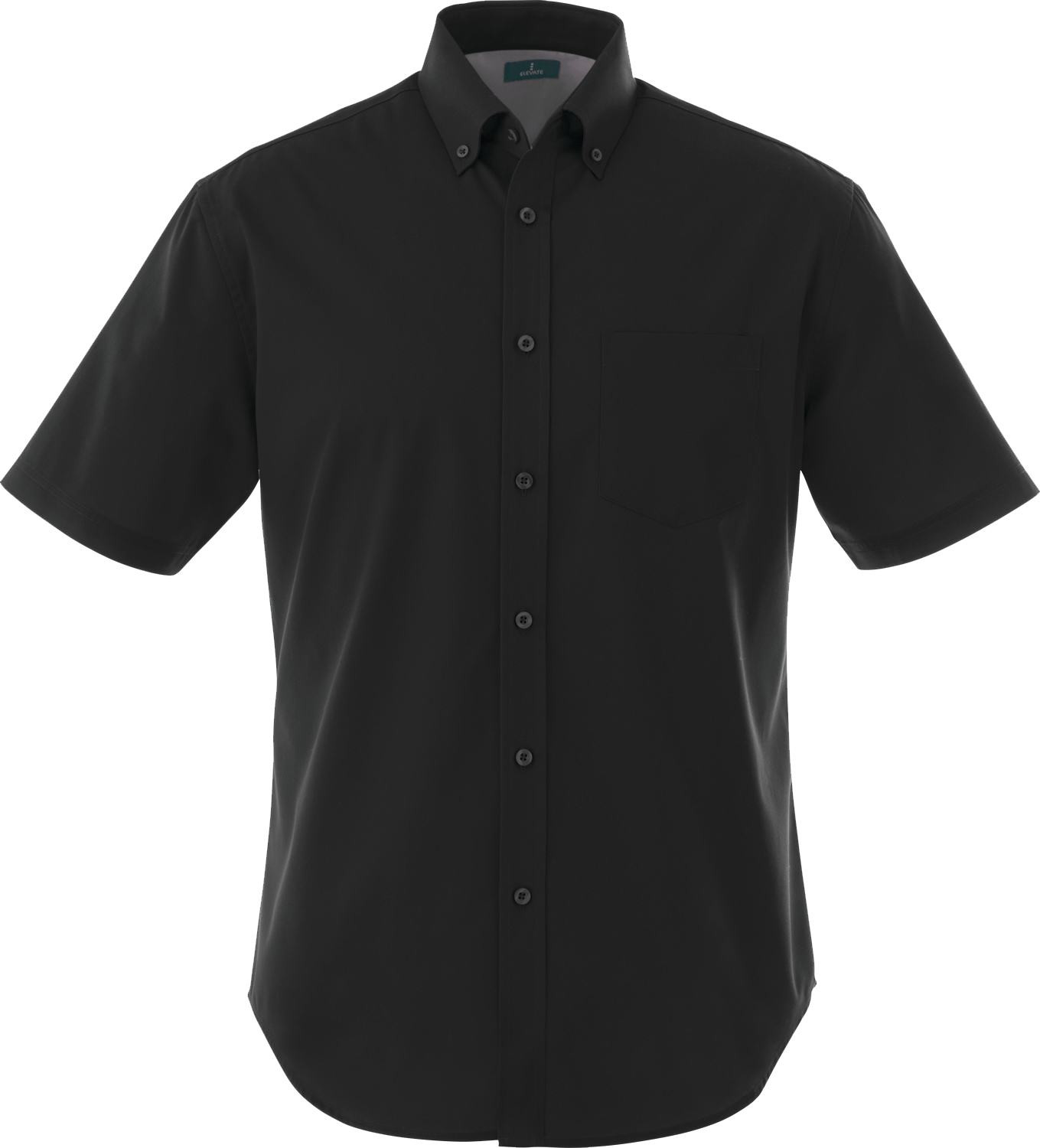 Black Men's Stirling Short Sleeve Button Up Shirt in a durable woven twill blend of polyester and combed cotton, featuring a short sleeve design, center-front button placket, left chest pocket, and center-back box pleat, designed for professional workwear and uniform use with a clean, structured appearance.