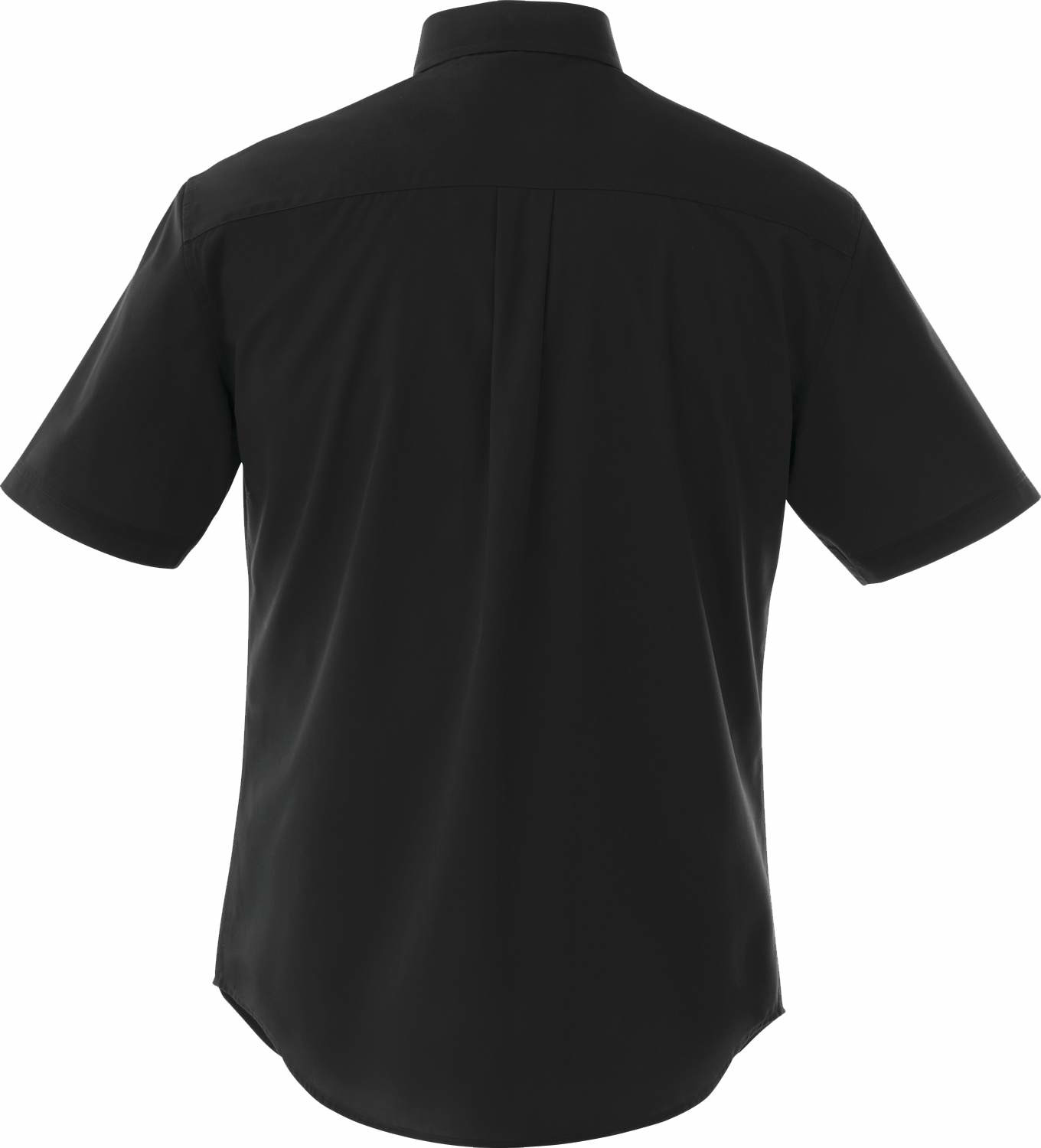 Black Men's Stirling Short Sleeve Button Up Shirt in a durable woven twill blend of polyester and combed cotton, featuring a short sleeve design, center-front button placket, left chest pocket, and center-back box pleat, designed for professional workwear and uniform use with a clean, structured appearance.