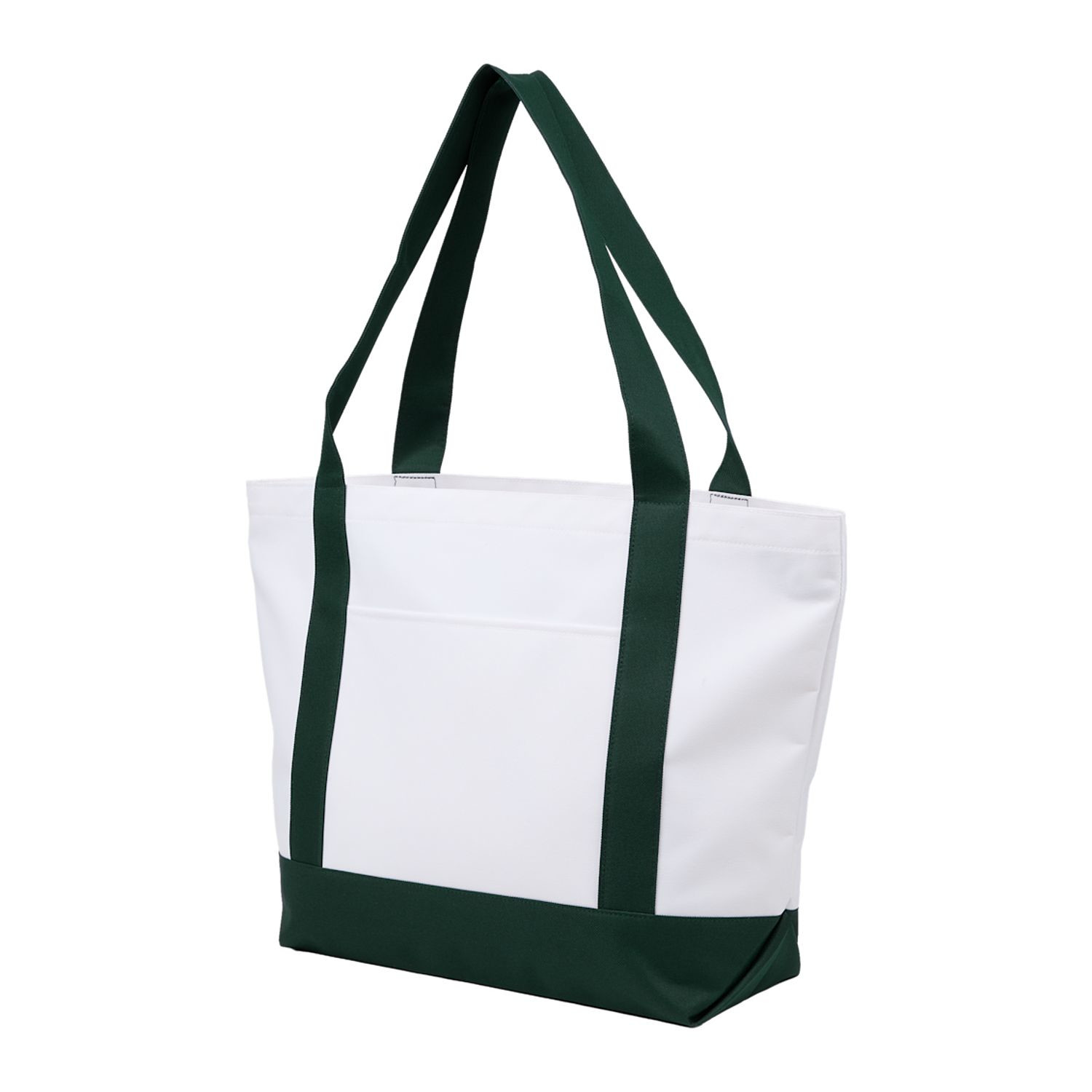Green oversized recycled canvas tote bag with contrast trim, front organizational pocket, open main compartment, and dual carry handles.