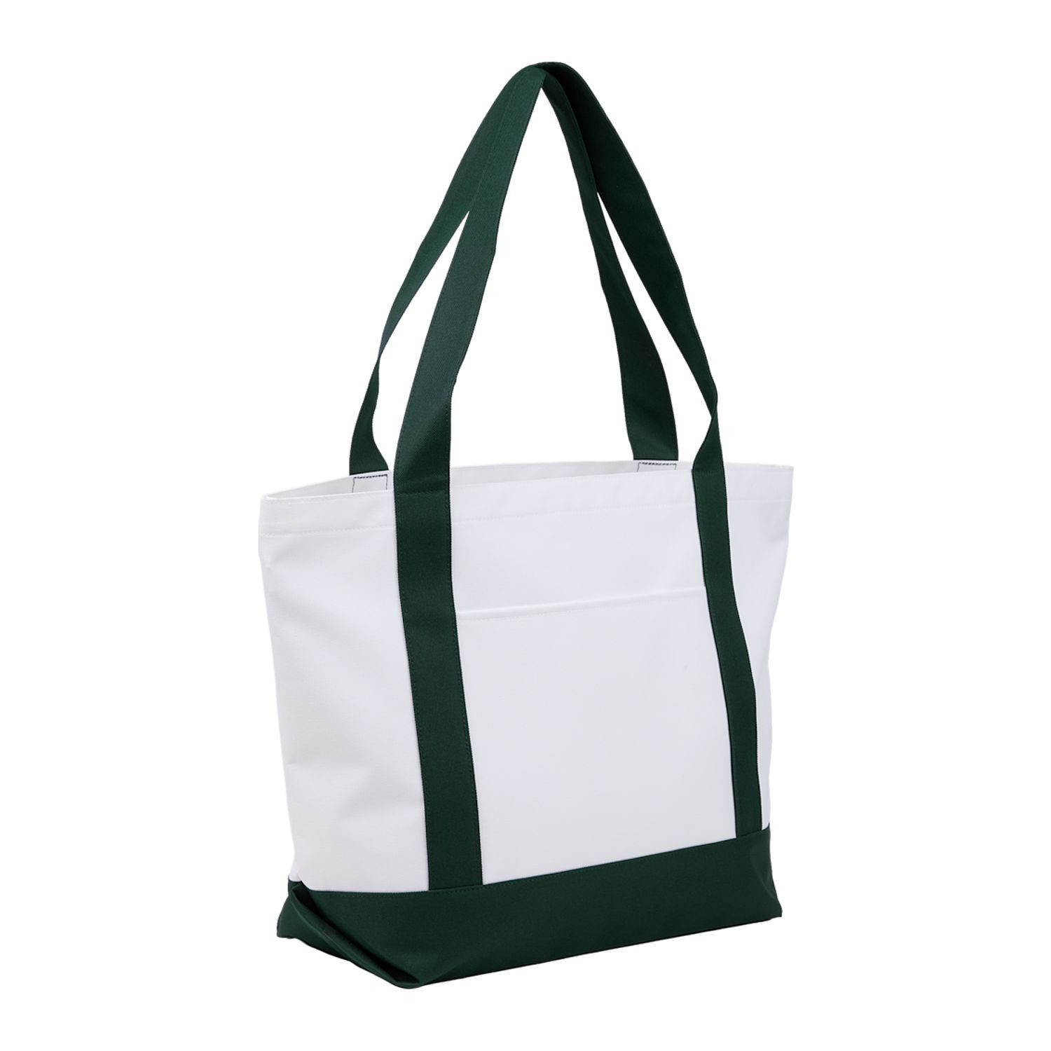 Green oversized recycled canvas tote bag with contrast trim, front organizational pocket, open main compartment, and dual carry handles.