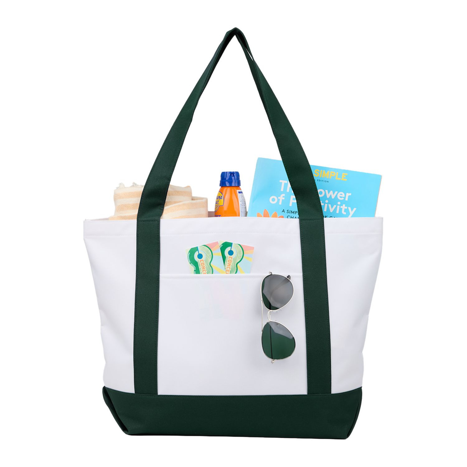 Green oversized recycled canvas tote bag with contrast trim, front organizational pocket, open main compartment, and dual carry handles.