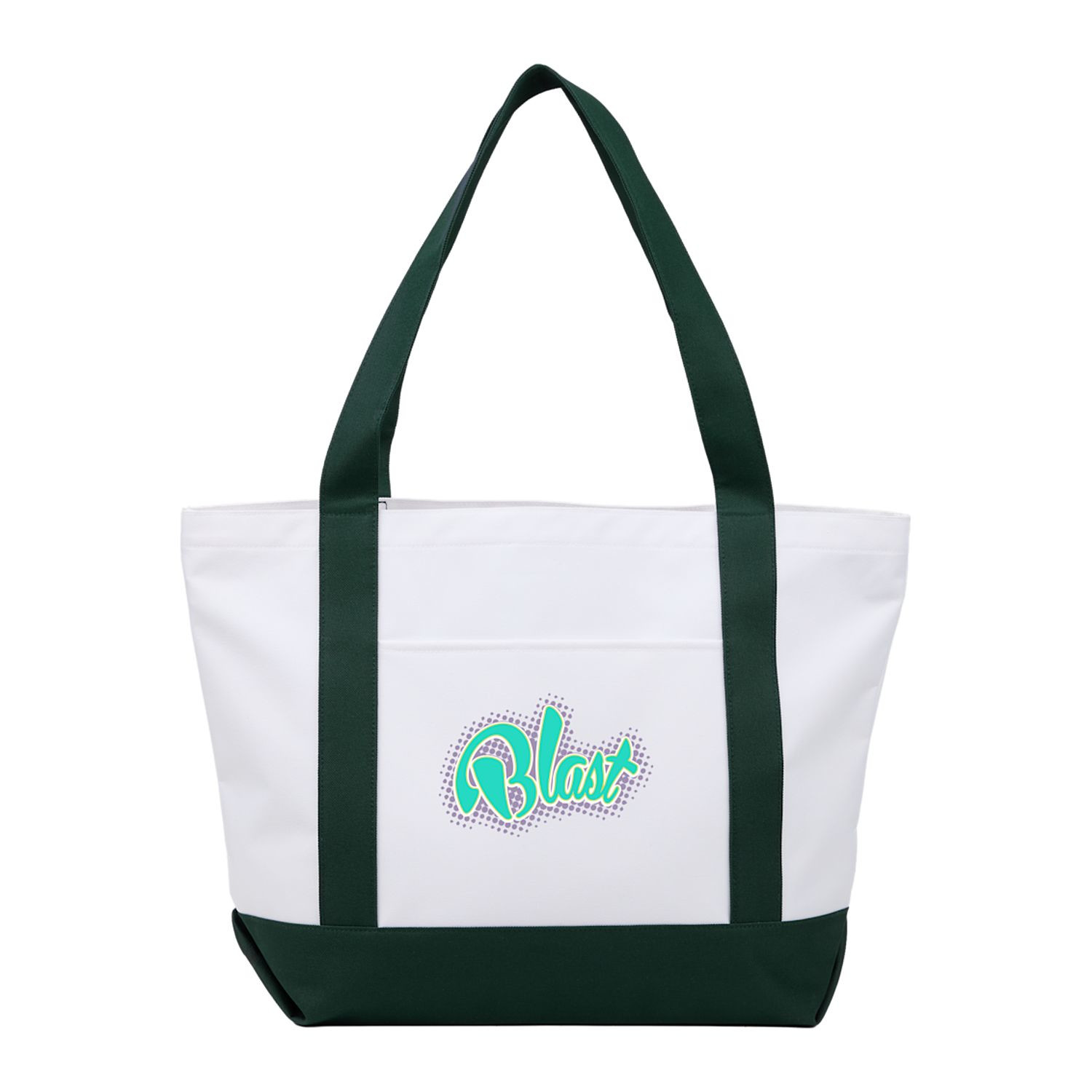 Green oversized recycled canvas tote bag with contrast trim, front organizational pocket, open main compartment, and dual carry handles.