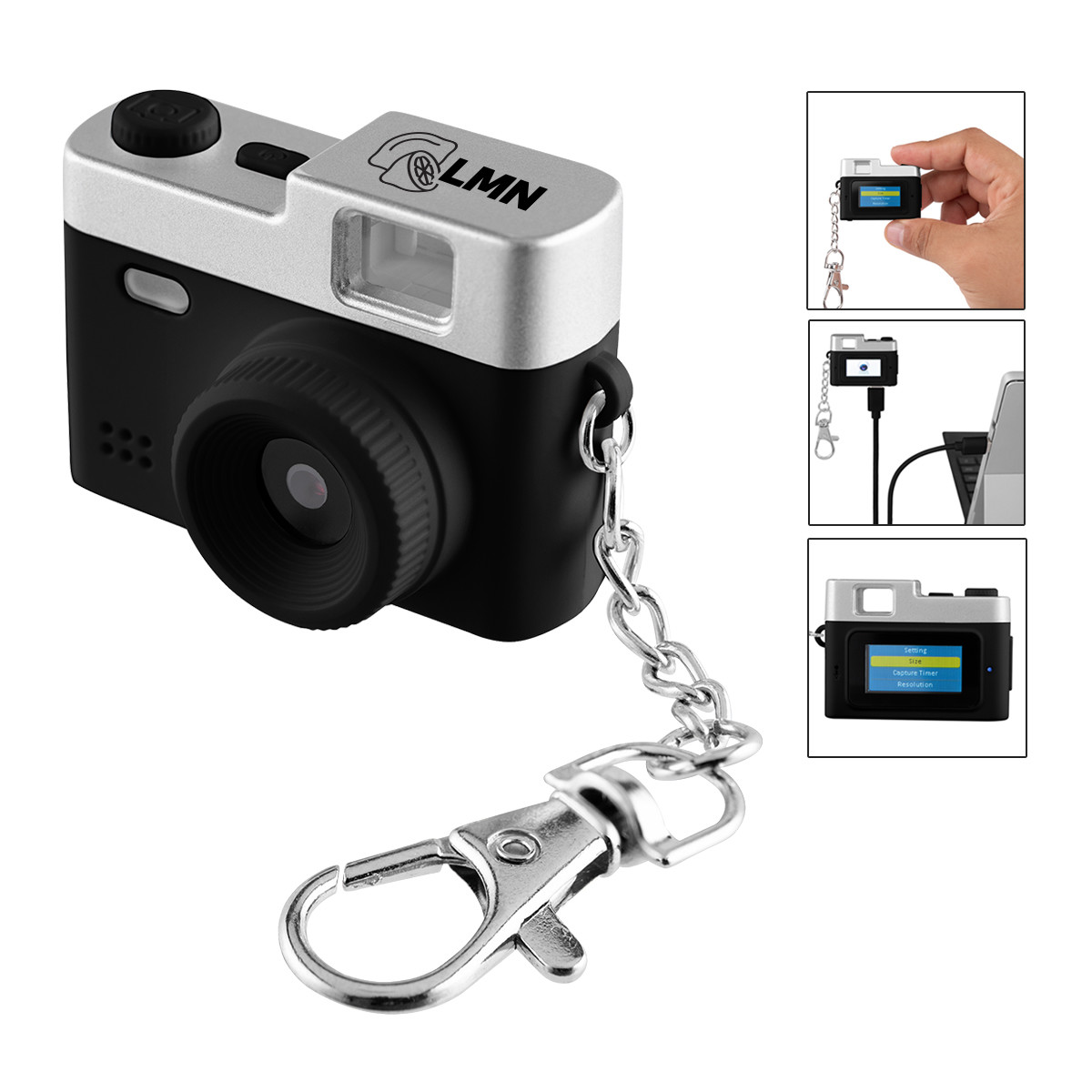 Mini Digital Camera Keychain in Black with compact camera body, 0.96-inch display screen, wide-angle lens, side control button, lobster claw keychain attachment, and durable plastic construction for capturing photos and Full HD video on the go.