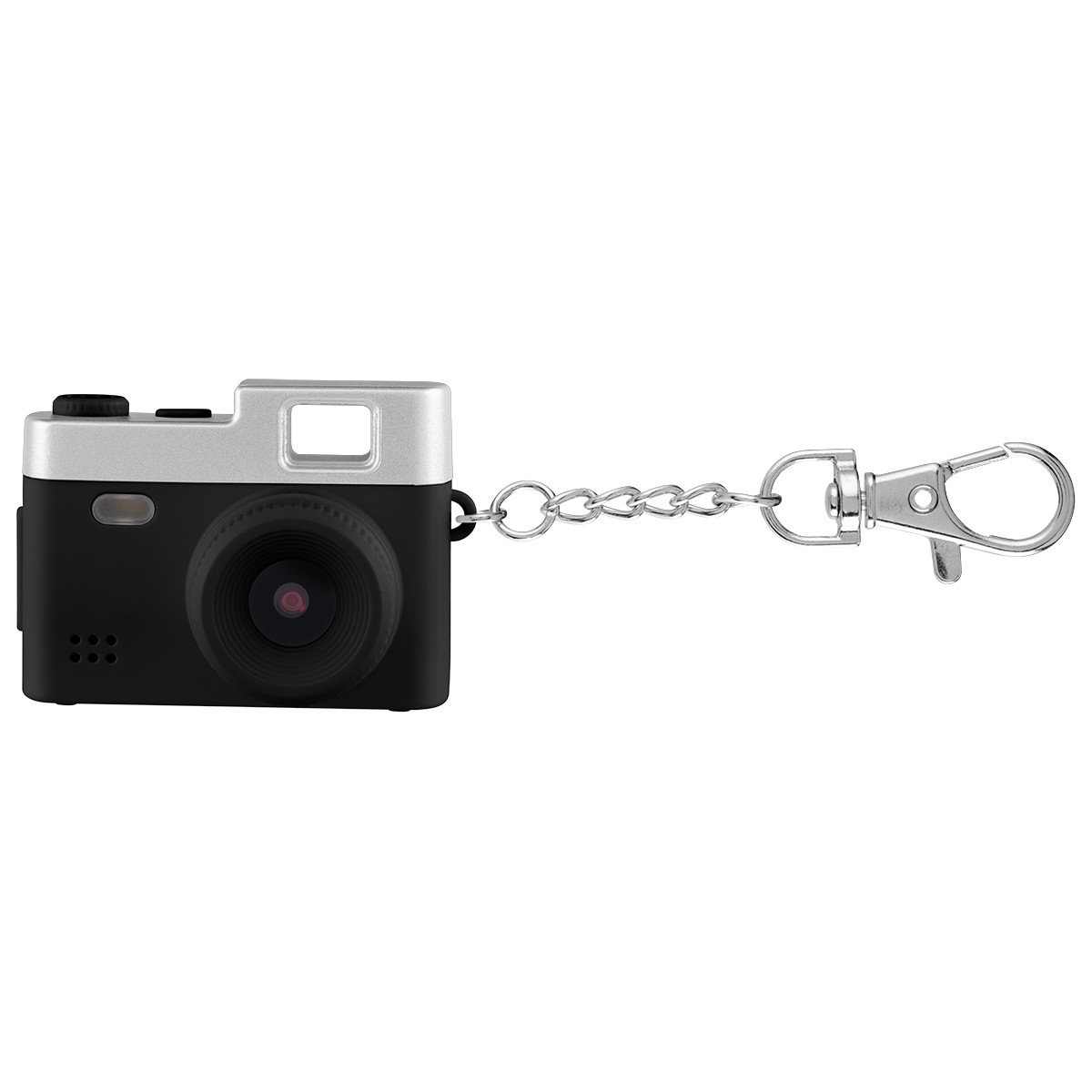 Mini Digital Camera Keychain in Black with compact camera body, 0.96-inch display screen, wide-angle lens, side control button, lobster claw keychain attachment, and durable plastic construction for capturing photos and Full HD video on the go.