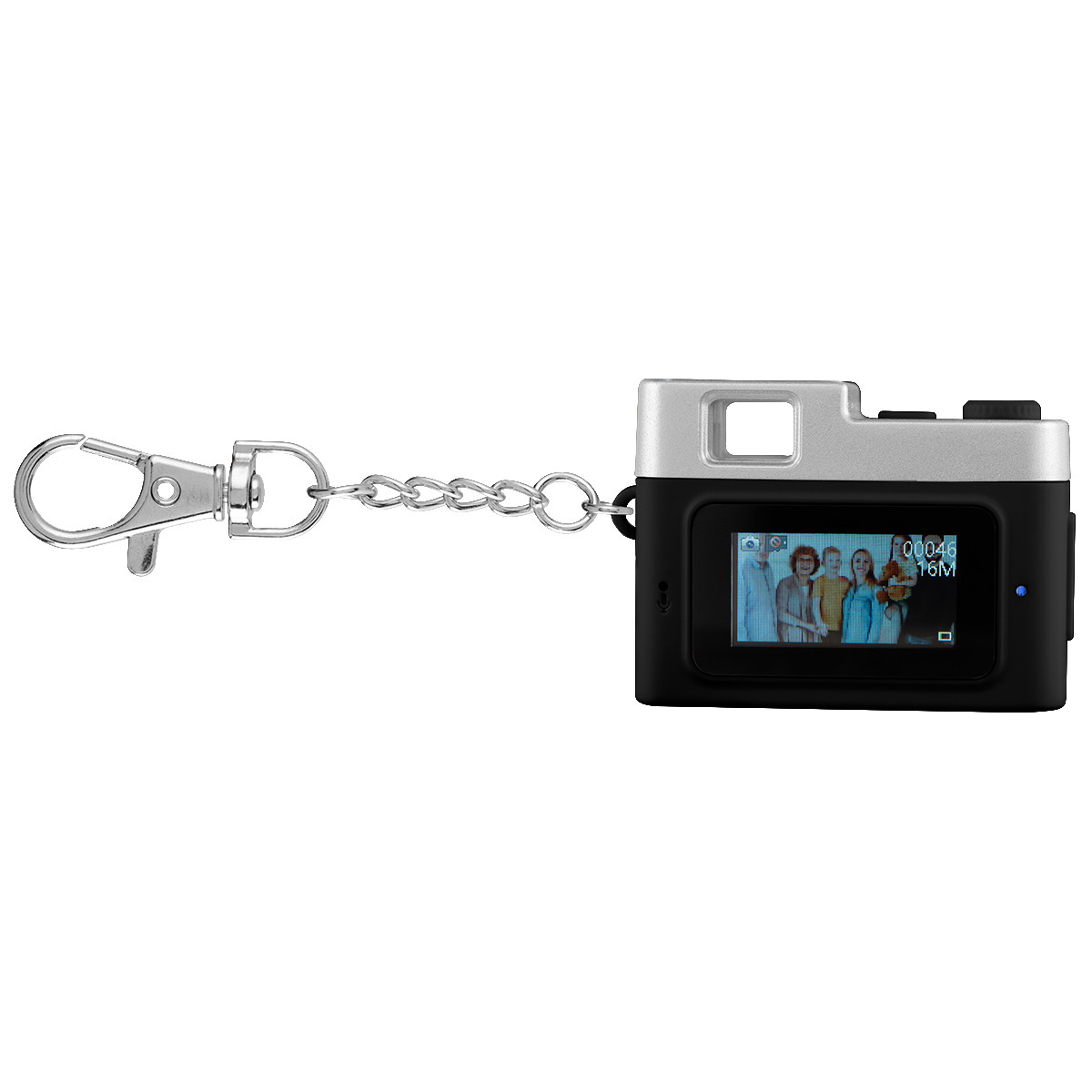 Mini Digital Camera Keychain in Black with compact camera body, 0.96-inch display screen, wide-angle lens, side control button, lobster claw keychain attachment, and durable plastic construction for capturing photos and Full HD video on the go.
