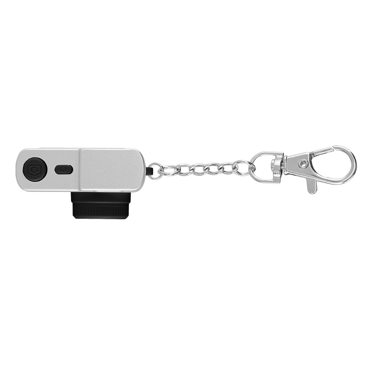 Mini Digital Camera Keychain in Black with compact camera body, 0.96-inch display screen, wide-angle lens, side control button, lobster claw keychain attachment, and durable plastic construction for capturing photos and Full HD video on the go.