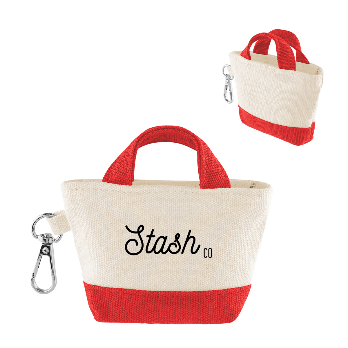 Red recycled cotton mini tote bag charm with secure zipper closure and carabiner attachment for portable storage.