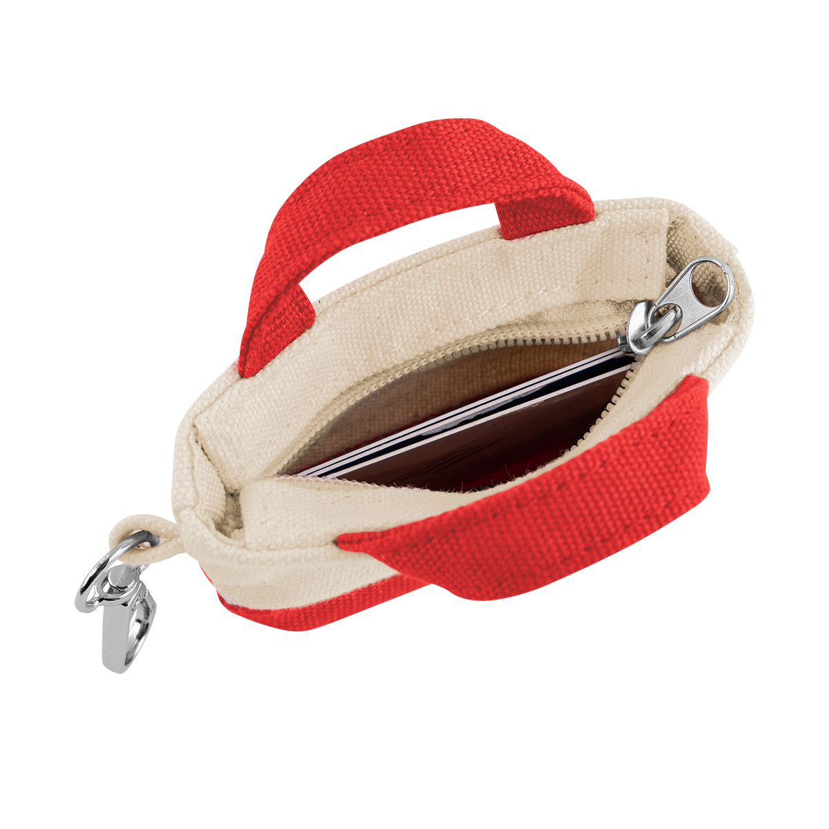 Red recycled cotton mini tote bag charm with secure zipper closure and carabiner attachment for portable storage.