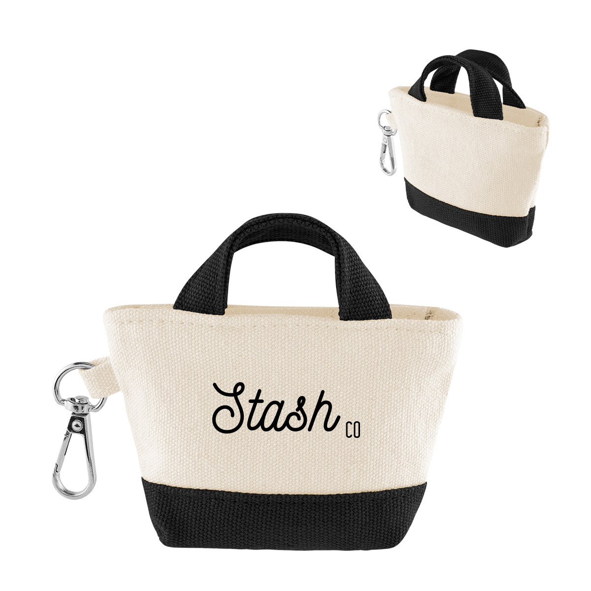 Natural recycled cotton mini tote bag charm with black trim, zippered top closure, and attached black carabiner for carrying gift cards and small accessories.