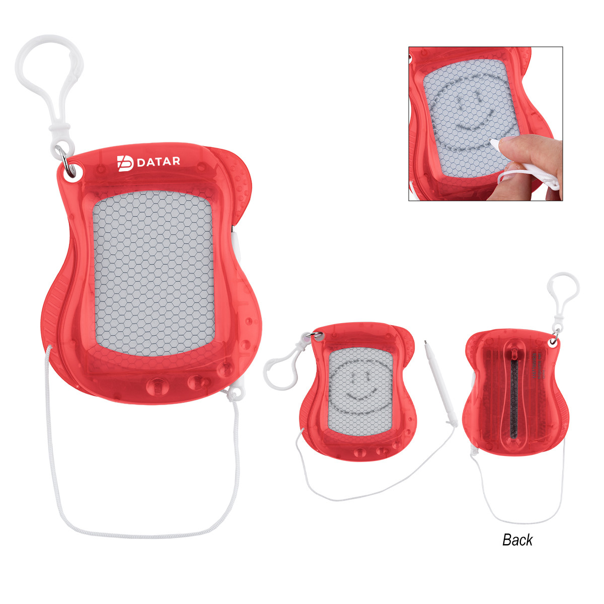 Translucent red doodle and erase board with white frame, attached erase pen, plastic carabiner clip, and custom logo imprint on the front.