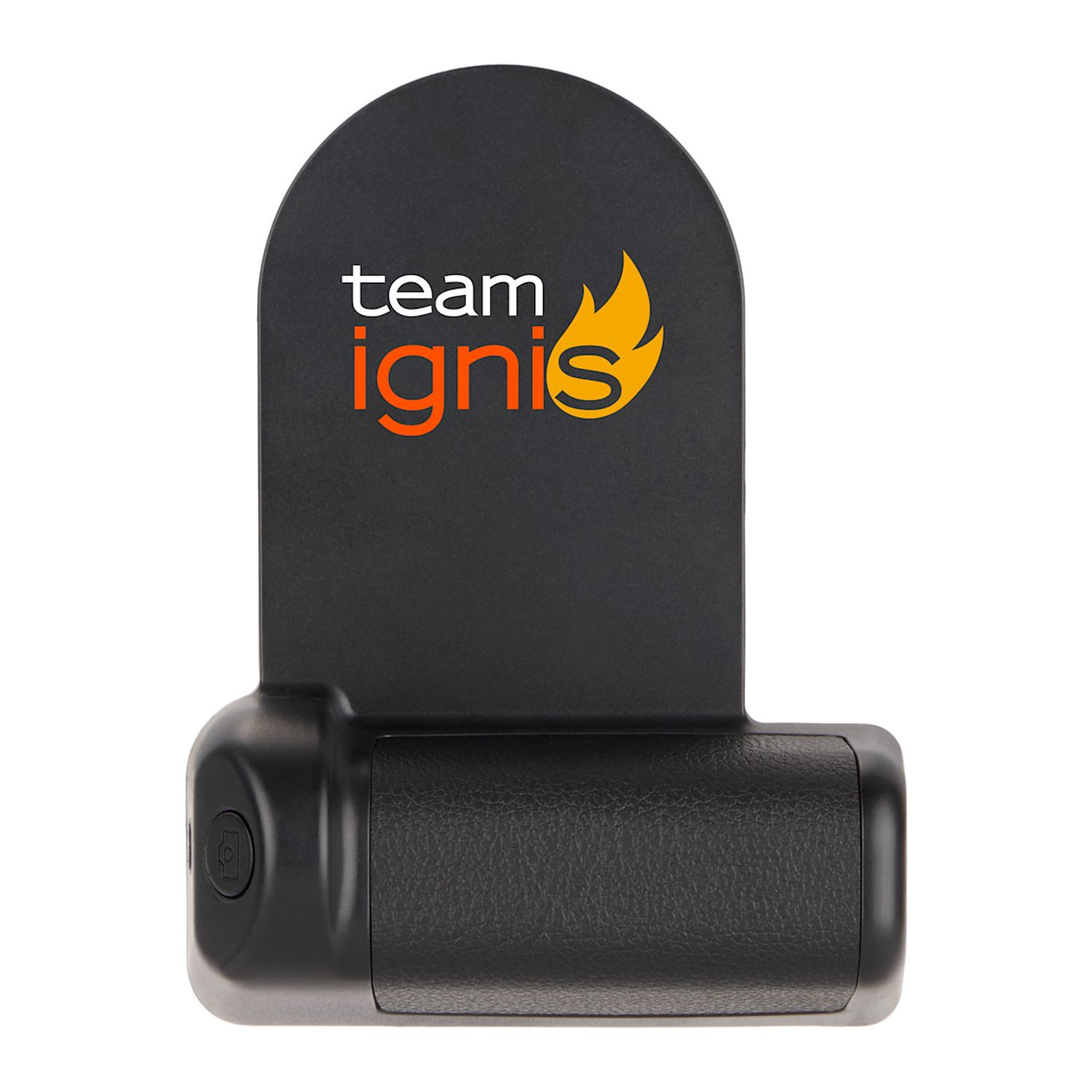 Black wireless magnetic power bank with integrated phone grip, Bluetooth camera shutter, MagClick wireless charging pad, and custom logo imprint on the front panel.