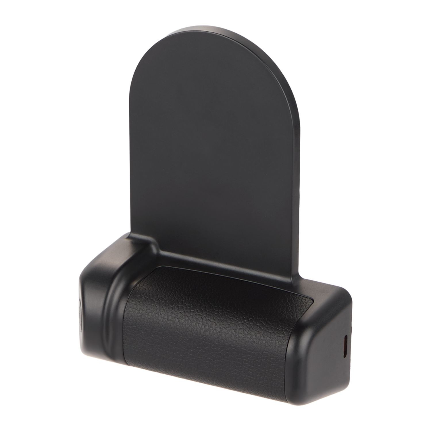 Black wireless magnetic power bank with integrated phone grip, Bluetooth camera shutter, MagClick wireless charging pad, and custom logo imprint on the front panel.