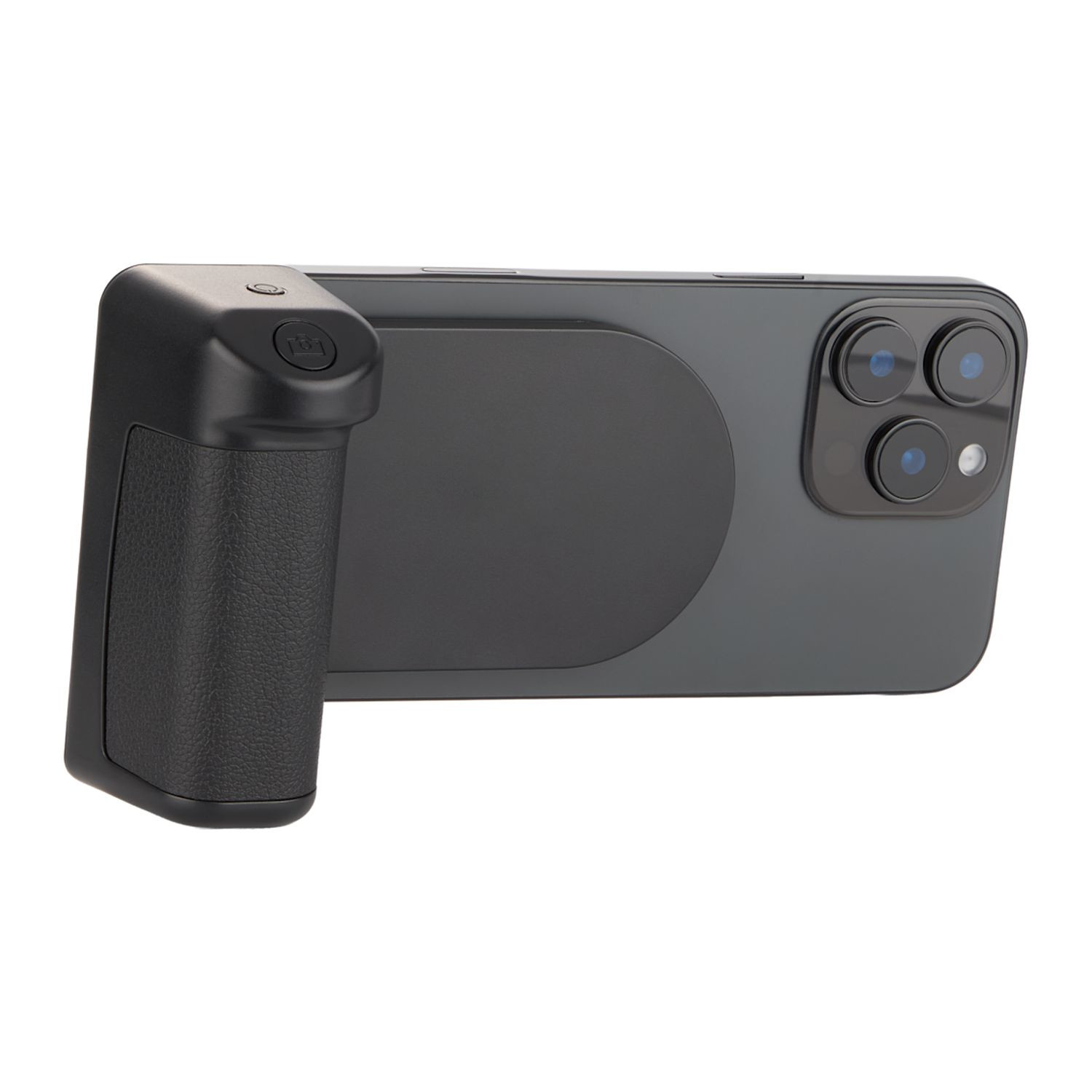 Black wireless magnetic power bank with integrated phone grip, Bluetooth camera shutter, MagClick wireless charging pad, and custom logo imprint on the front panel.