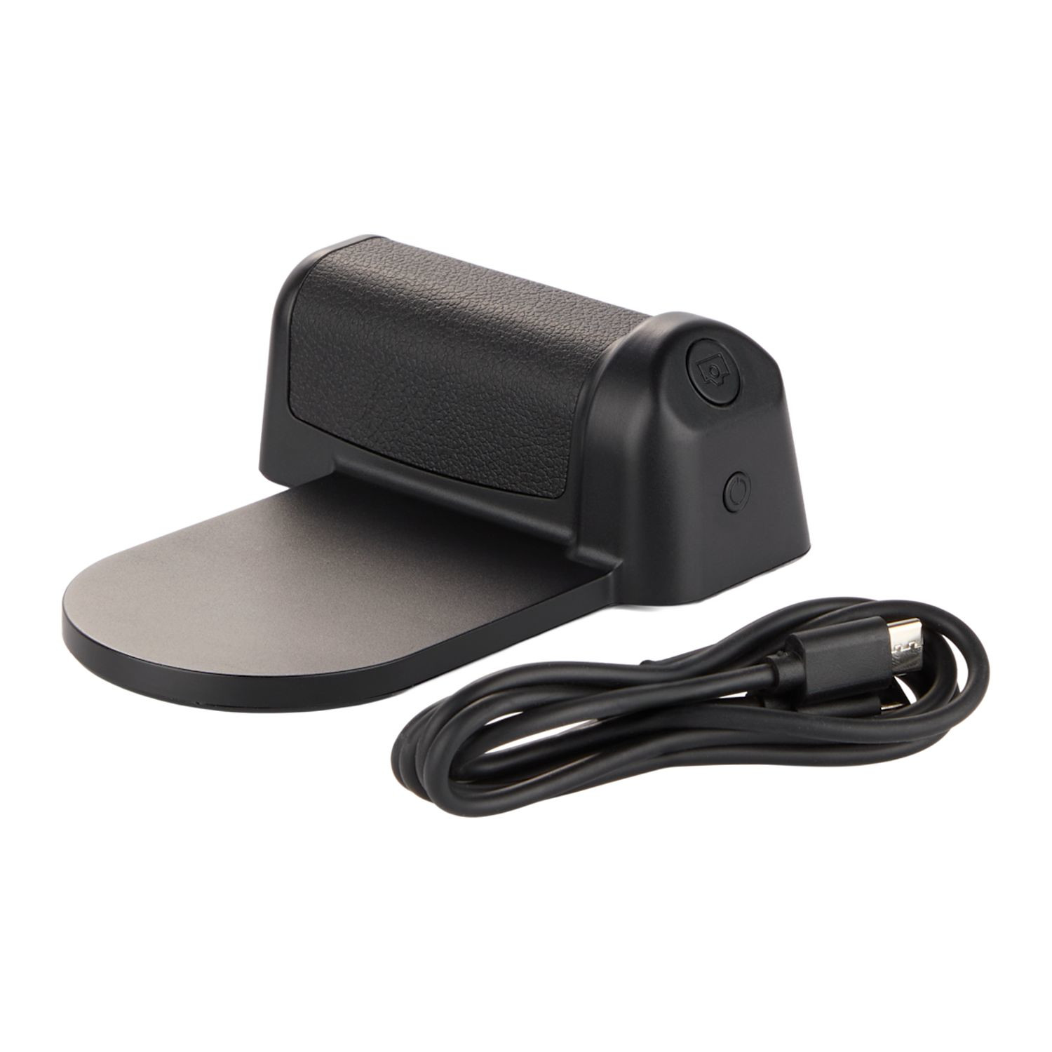 Black wireless magnetic power bank with integrated phone grip, Bluetooth camera shutter, MagClick wireless charging pad, and custom logo imprint on the front panel.