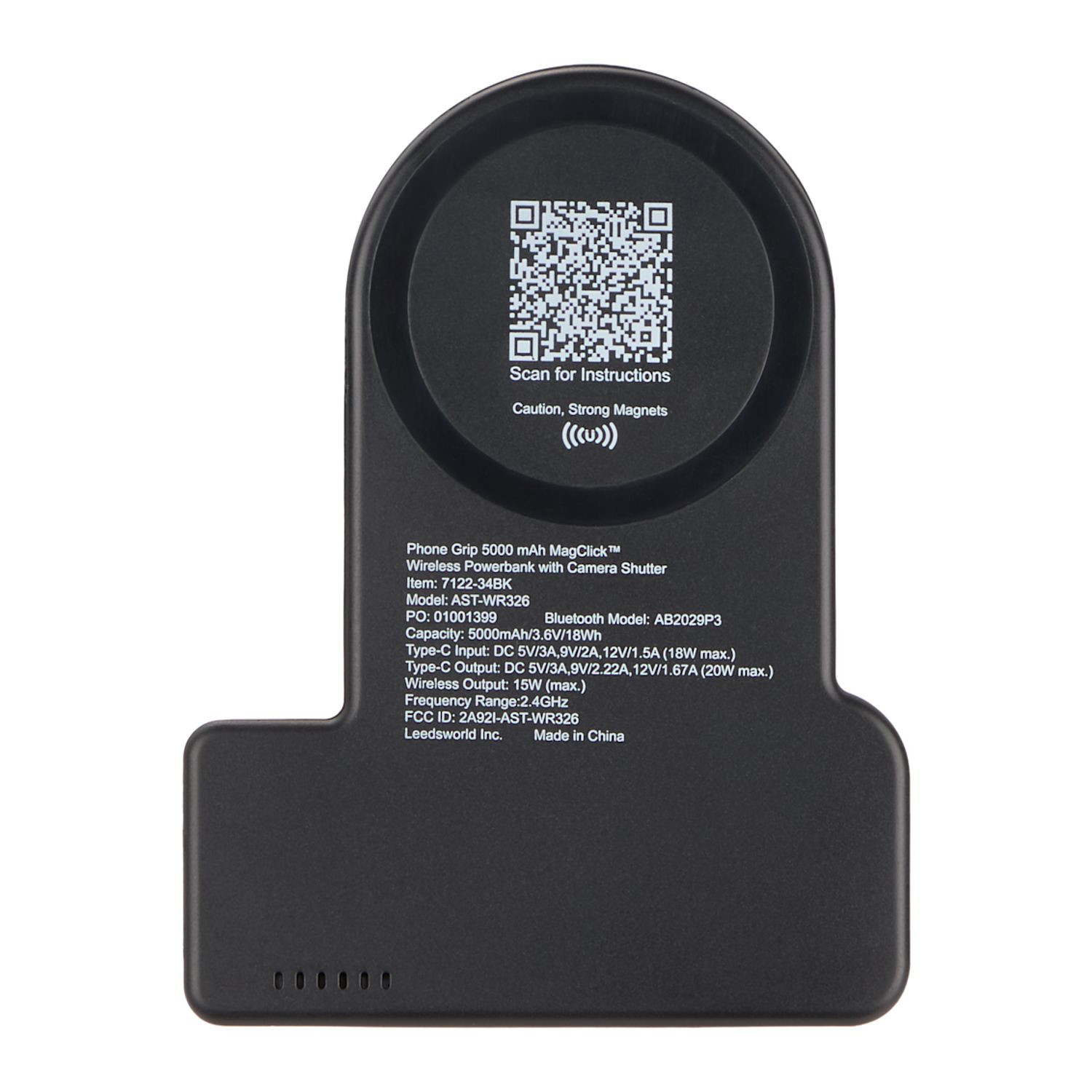 Black wireless magnetic power bank with integrated phone grip, Bluetooth camera shutter, MagClick wireless charging pad, and custom logo imprint on the front panel.