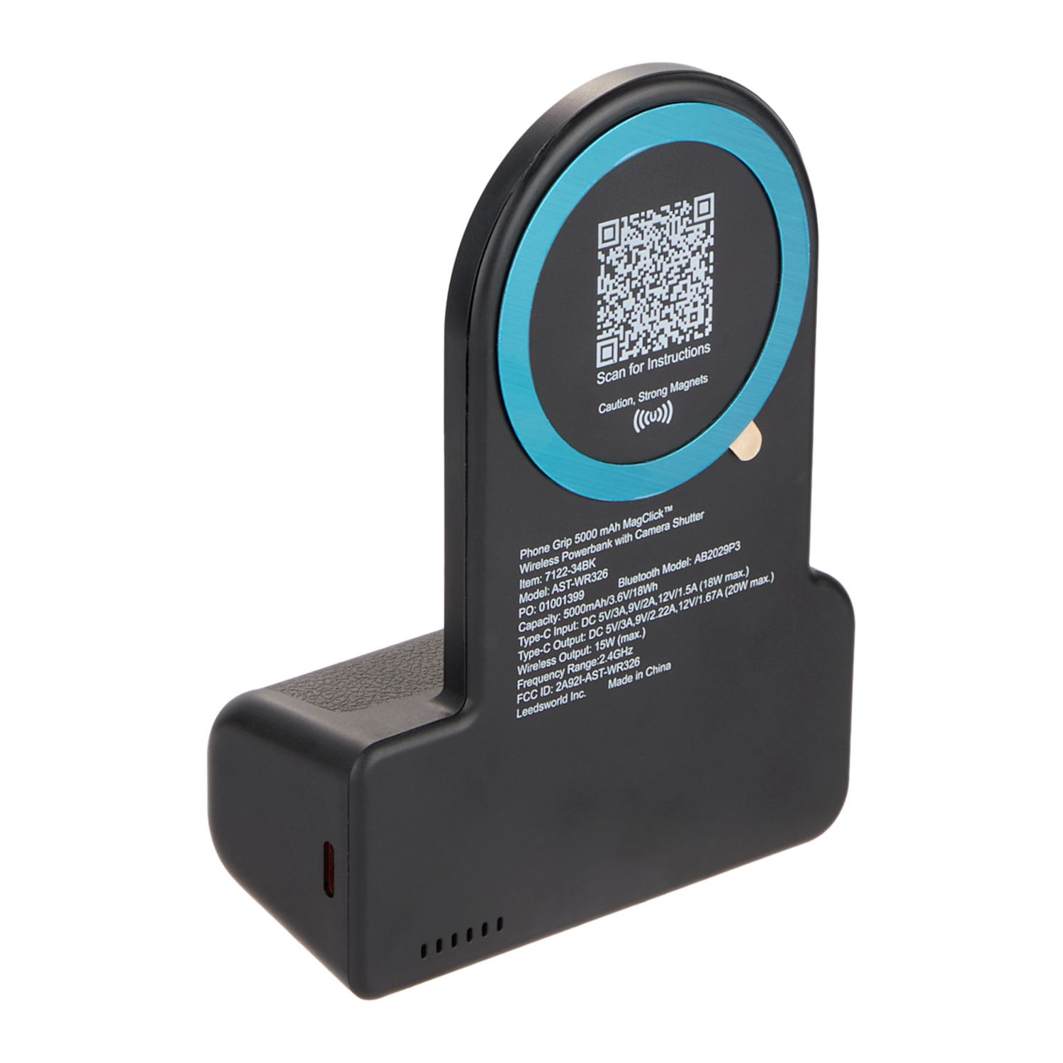 Black wireless magnetic power bank with integrated phone grip, Bluetooth camera shutter, MagClick wireless charging pad, and custom logo imprint on the front panel.