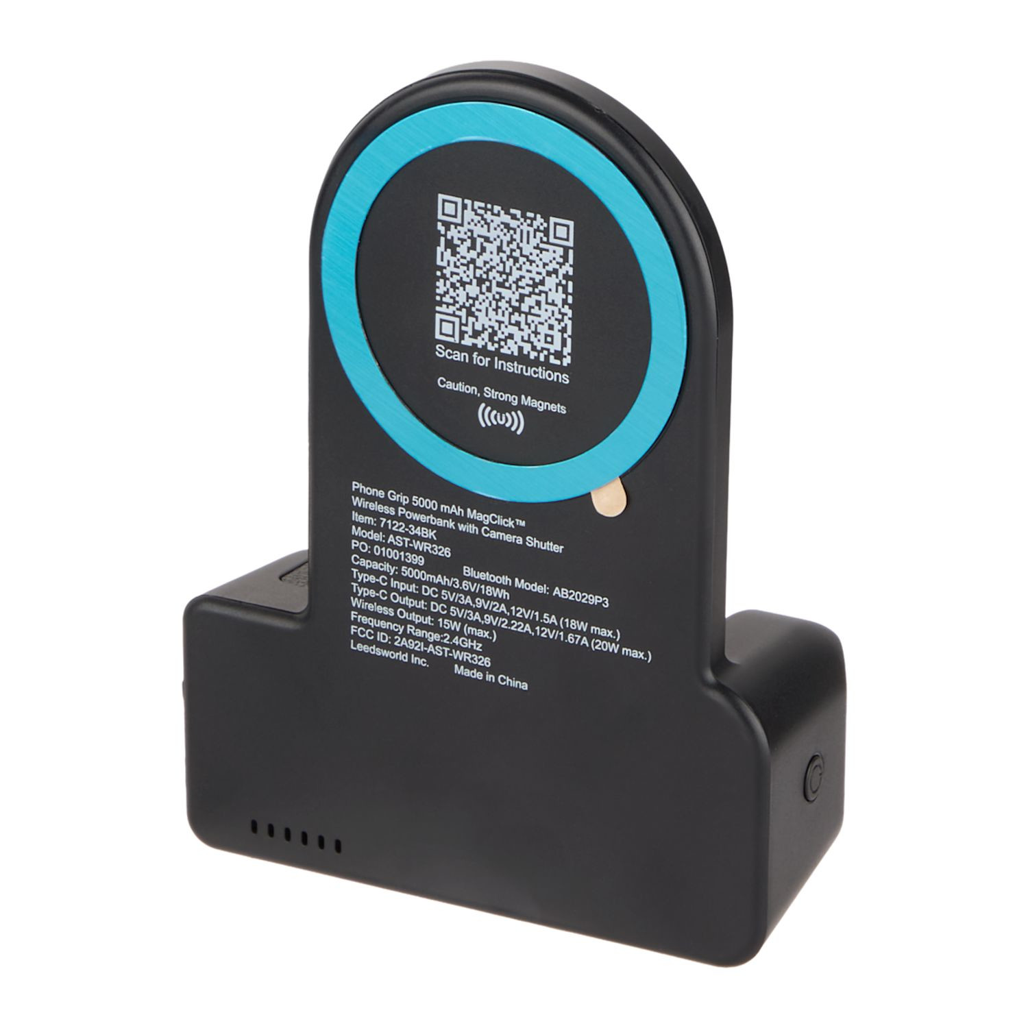 Black wireless magnetic power bank with integrated phone grip, Bluetooth camera shutter, MagClick wireless charging pad, and custom logo imprint on the front panel.