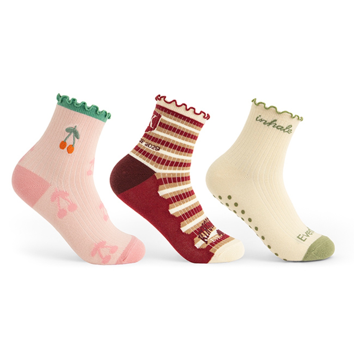 Crew-length socks with soft knit fabric, ribbed cuffs, and decorative ruffle trim at the top for a stylish and comfortable everyday look.