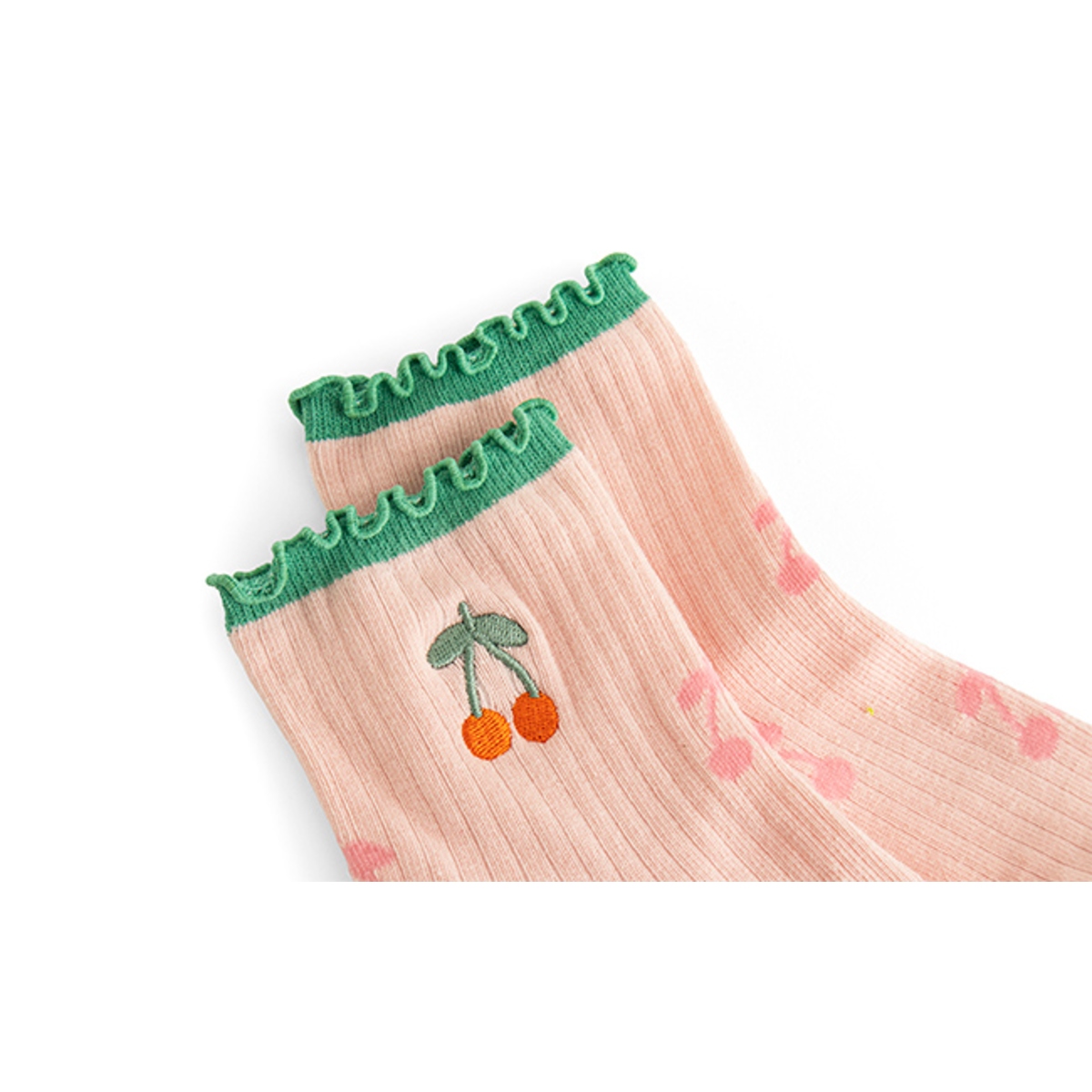 Crew-length socks with soft knit fabric, ribbed cuffs, and decorative ruffle trim at the top for a stylish and comfortable everyday look.