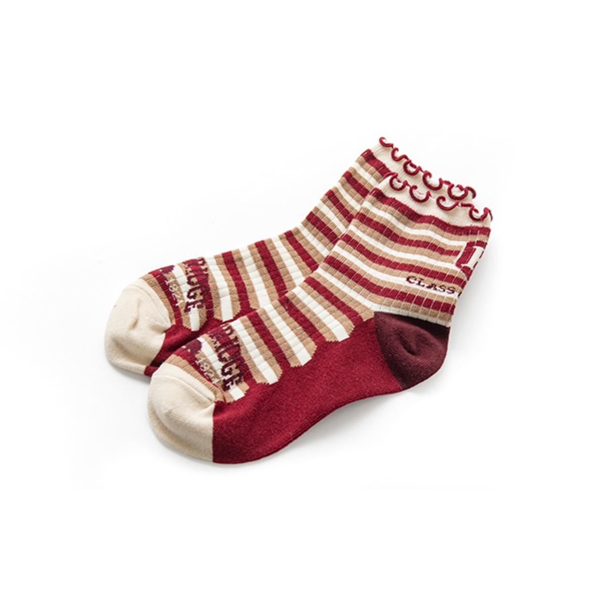 Crew-length socks with soft knit fabric, ribbed cuffs, and decorative ruffle trim at the top for a stylish and comfortable everyday look.