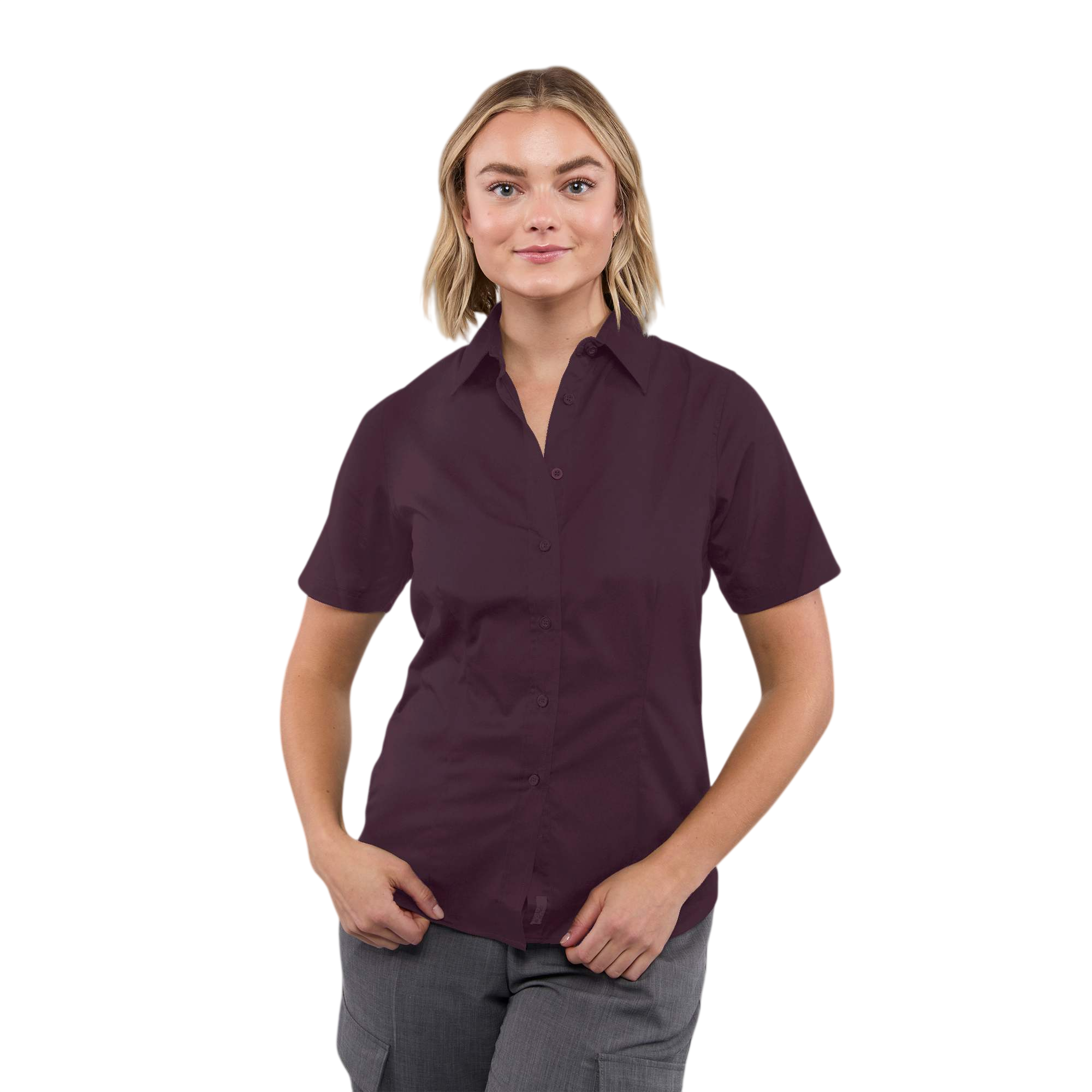 Dark Plum Women's STIRLING Short Sleeve Shirt in black woven cotton-polyester twill, featuring a button-front design, short sleeves, pointed collar, shaped seams, and tapered waist for professional workplace and uniform wear.