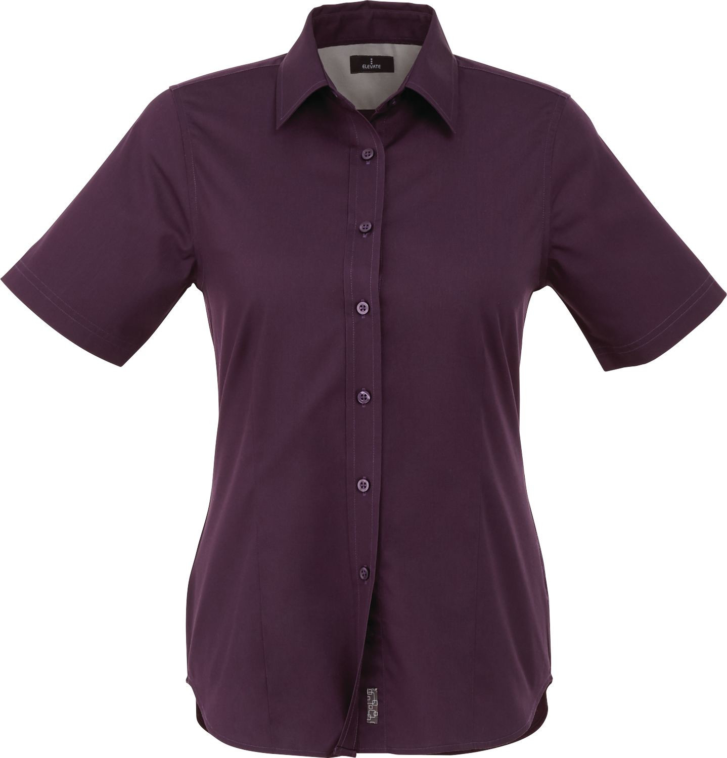 Dark Plum Women's STIRLING Short Sleeve Shirt in black woven cotton-polyester twill, featuring a button-front design, short sleeves, pointed collar, shaped seams, and tapered waist for professional workplace and uniform wear.