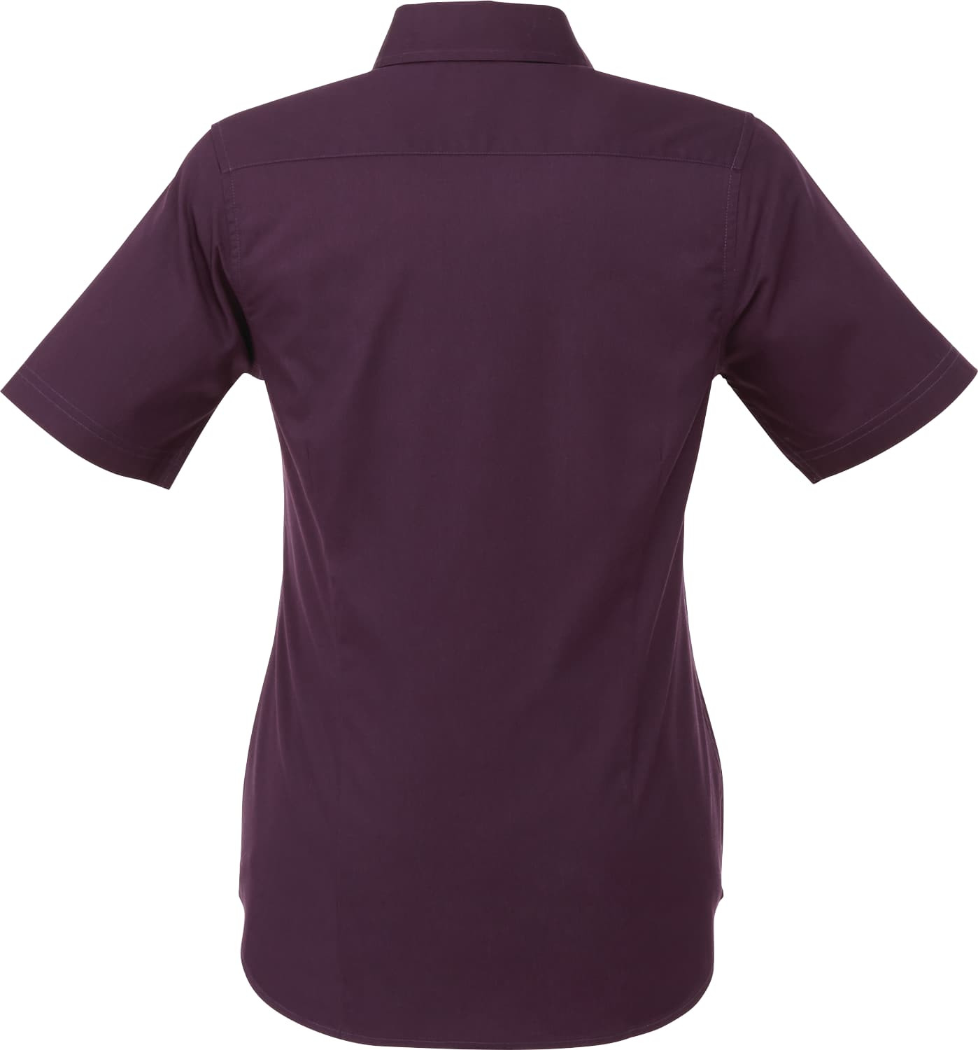 Dark Plum Women's STIRLING Short Sleeve Shirt in black woven cotton-polyester twill, featuring a button-front design, short sleeves, pointed collar, shaped seams, and tapered waist for professional workplace and uniform wear.