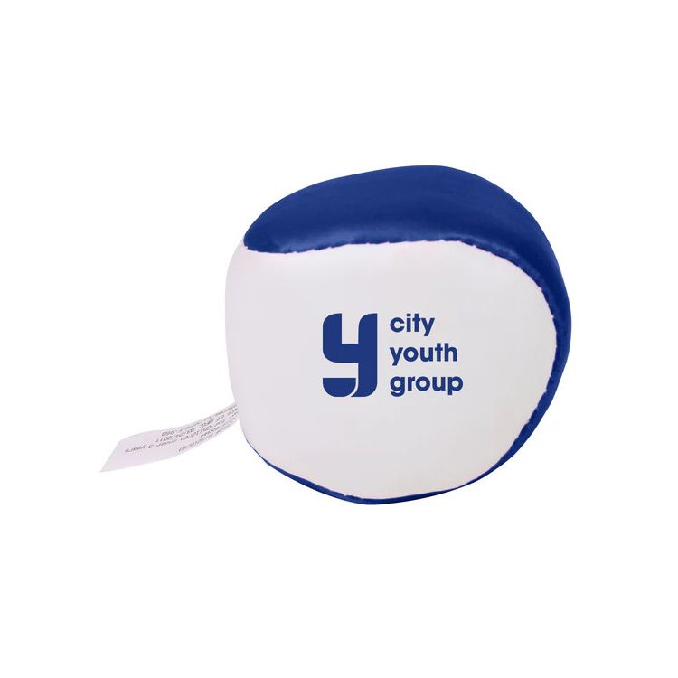 Blue and contrasting-color vinyl kick sack filled with beans for juggling, kicking games, and stress relief, featuring a custom logo imprint.