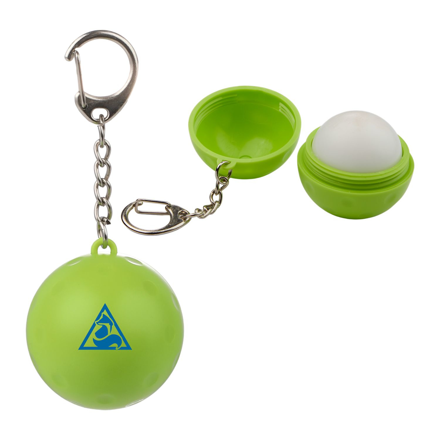 Green pickleball-shaped SPF15 lip balm keychain made from 100% recycled ABS plastic with attached keyring and custom logo imprint on the front.