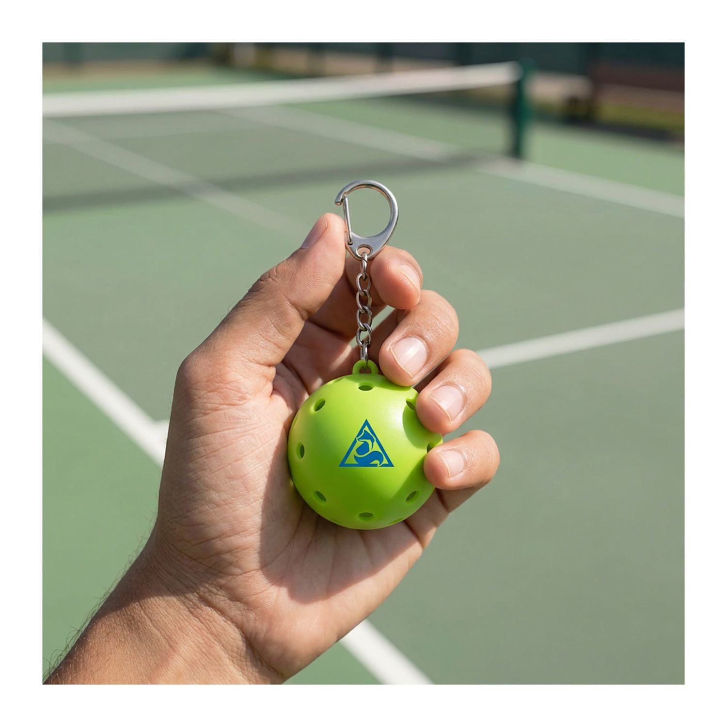 Green pickleball-shaped SPF15 lip balm keychain made from 100% recycled ABS plastic with attached keyring and custom logo imprint on the front.