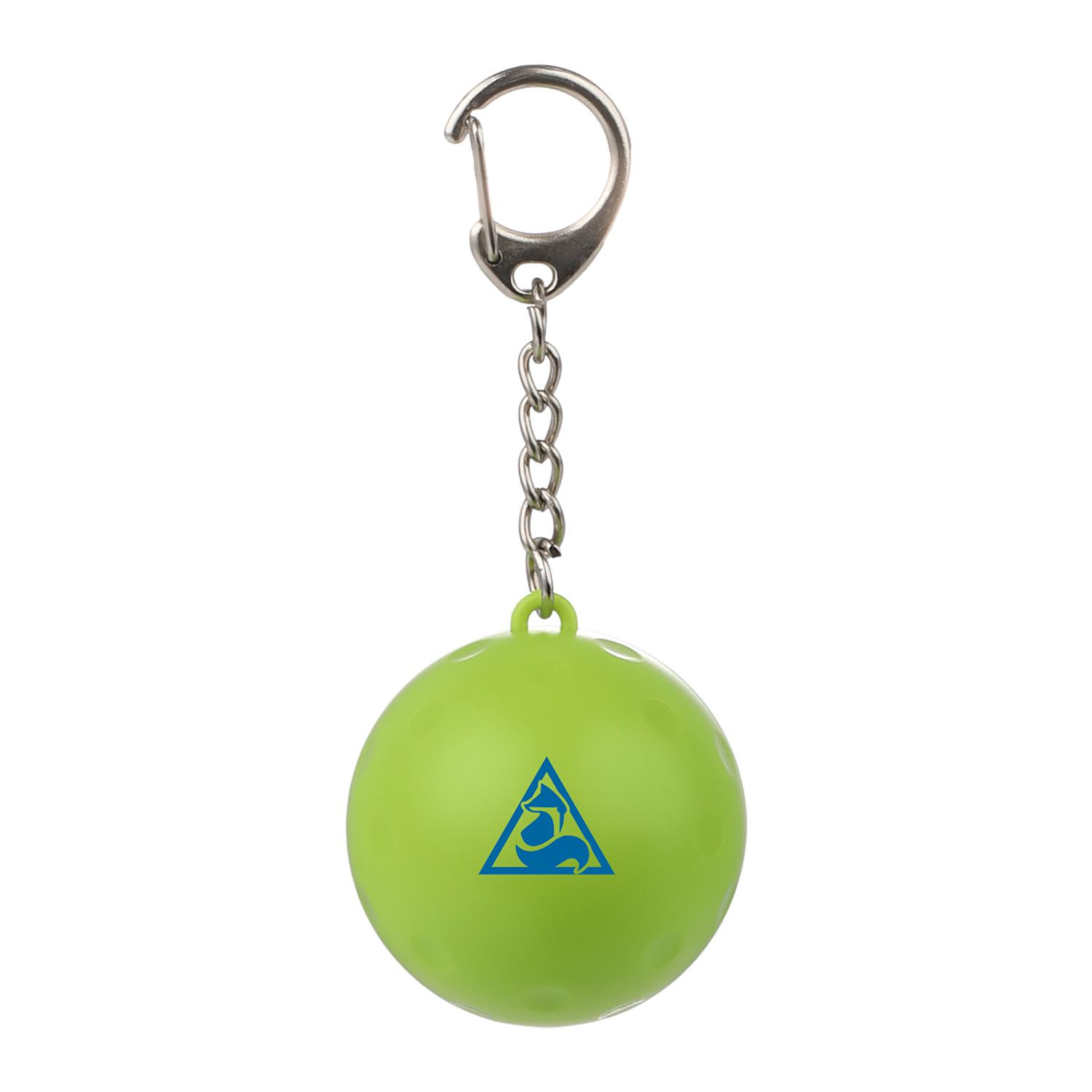 Green pickleball-shaped SPF15 lip balm keychain made from 100% recycled ABS plastic with attached keyring and custom logo imprint on the front.