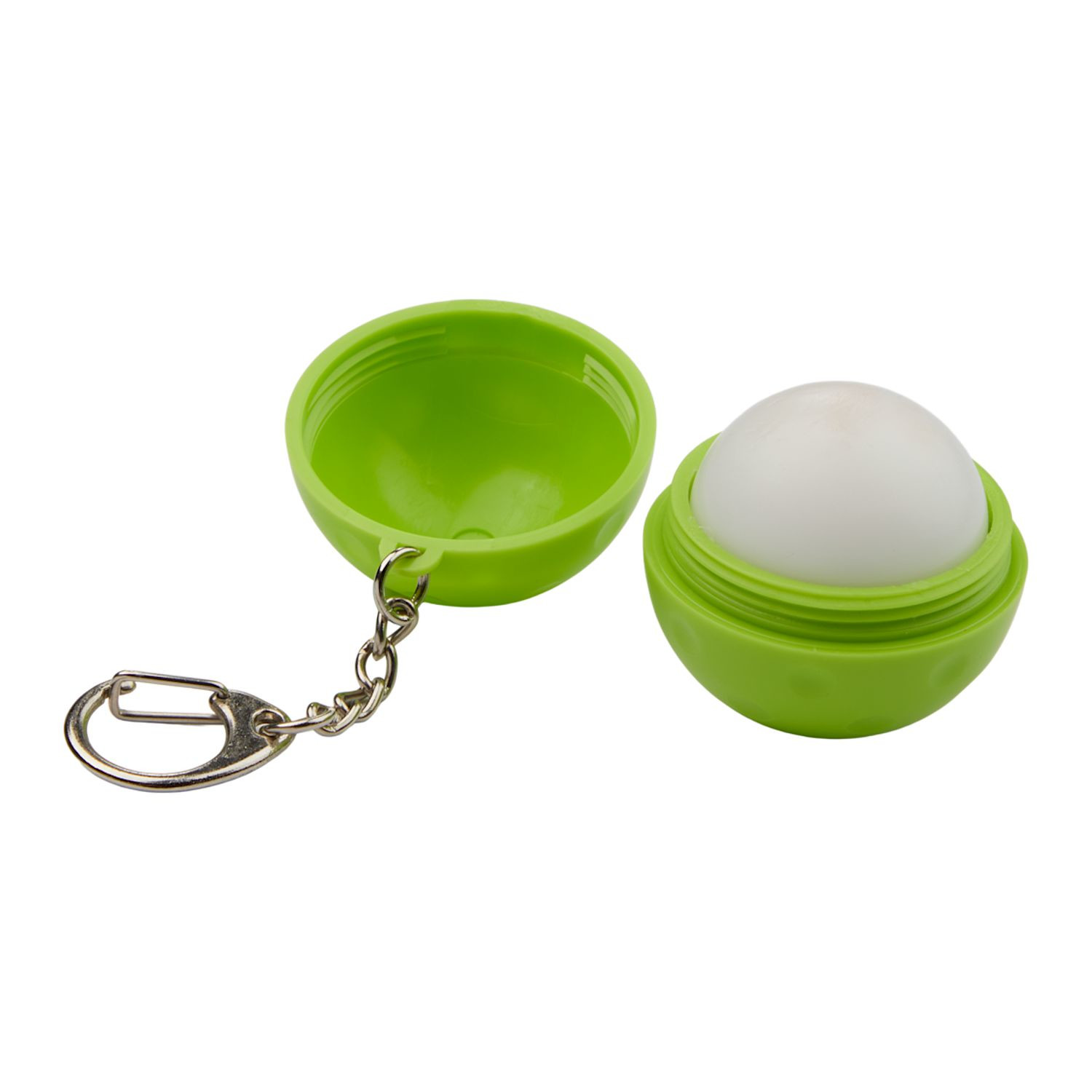 Green pickleball-shaped SPF15 lip balm keychain made from 100% recycled ABS plastic with attached keyring and custom logo imprint on the front.