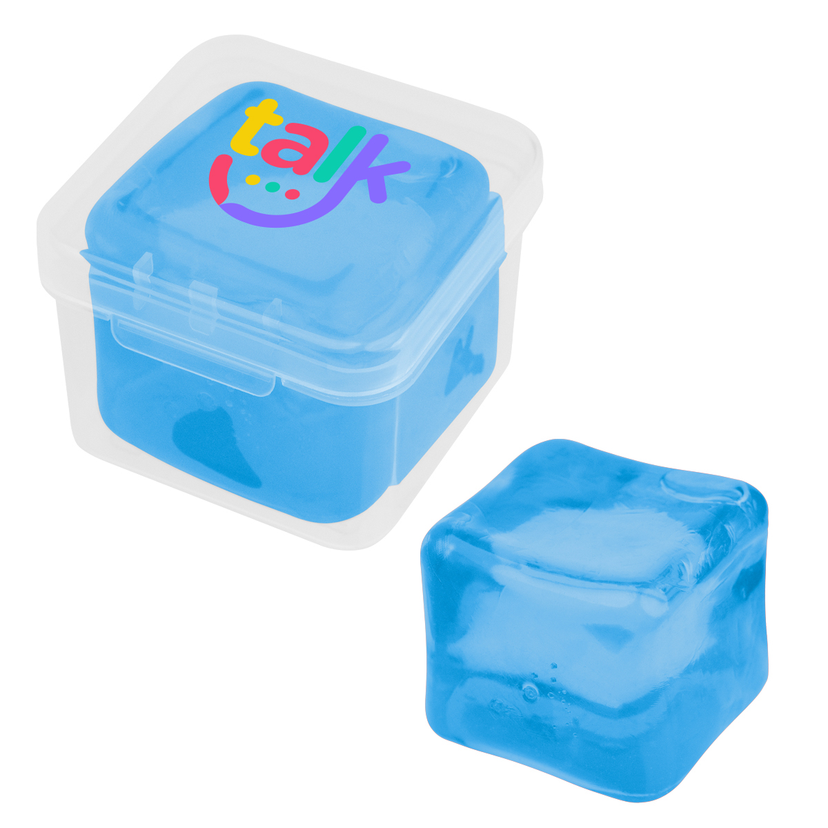 Clear/Translucent Blue Squishy Cube Stress Toy in translucent displayed in a clear recycled polypropylene storage case with a custom logo imprint, alongside a close-up of the flexible TPR cube being squeezed by hand to demonstrate stress-relief and sensory use.