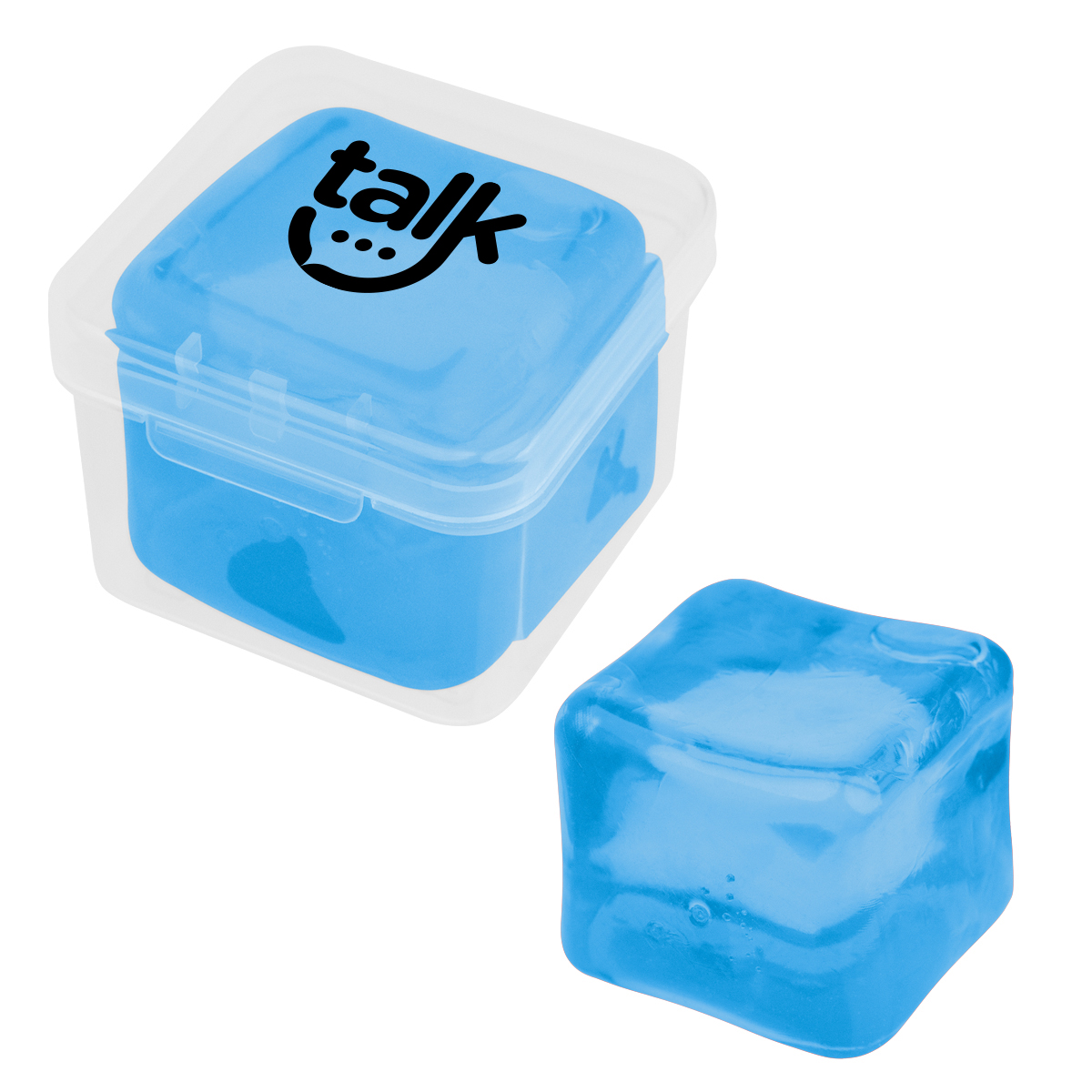 Clear/Translucent Blue Squishy Cube Stress Toy in translucent displayed in a clear recycled polypropylene storage case with a custom logo imprint, alongside a close-up of the flexible TPR cube being squeezed by hand to demonstrate stress-relief and sensory use.