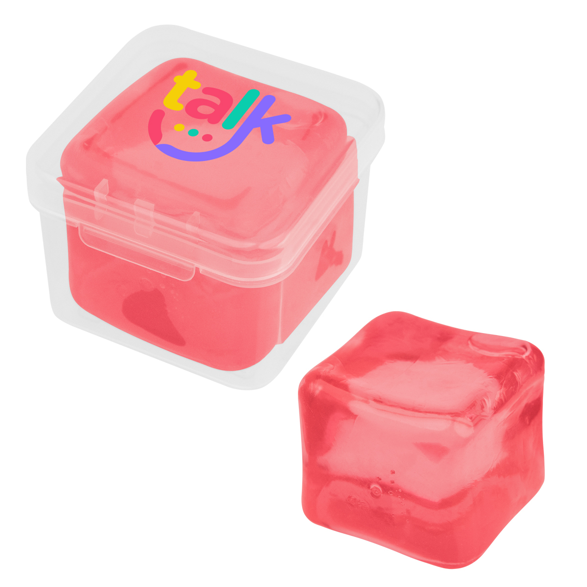 Clear/Translucent Red Squishy Cube Stress Toy in translucent displayed in a clear recycled polypropylene storage case with a custom logo imprint, alongside a close-up of the flexible TPR cube being squeezed by hand to demonstrate stress-relief and sensory use.