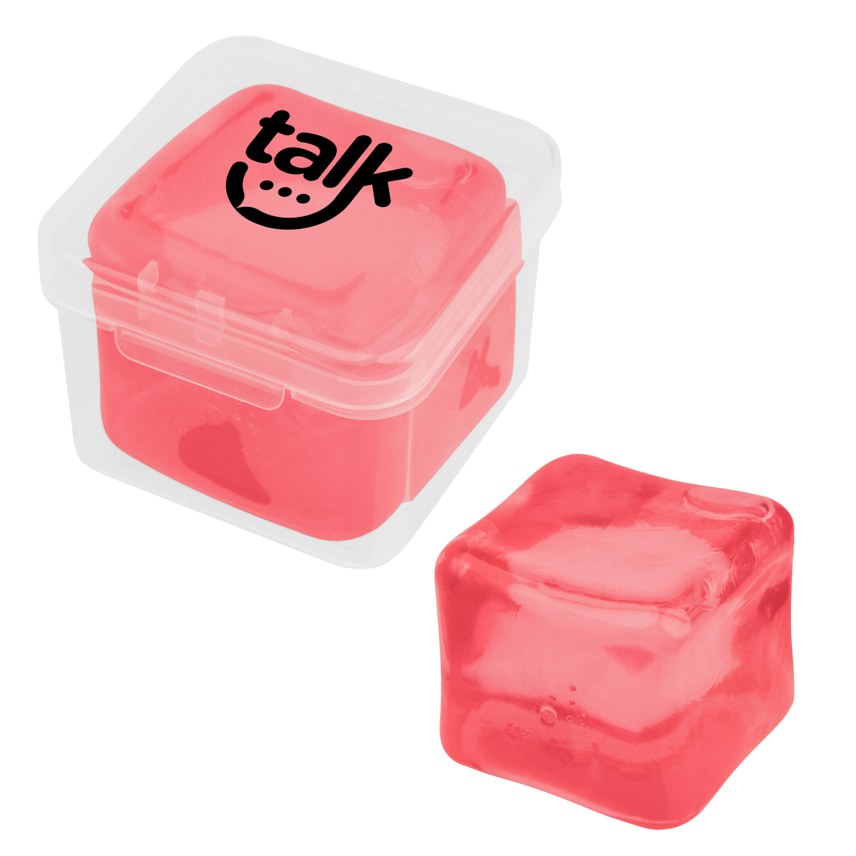 Clear/Translucent Red Squishy Cube Stress Toy in translucent displayed in a clear recycled polypropylene storage case with a custom logo imprint, alongside a close-up of the flexible TPR cube being squeezed by hand to demonstrate stress-relief and sensory use.