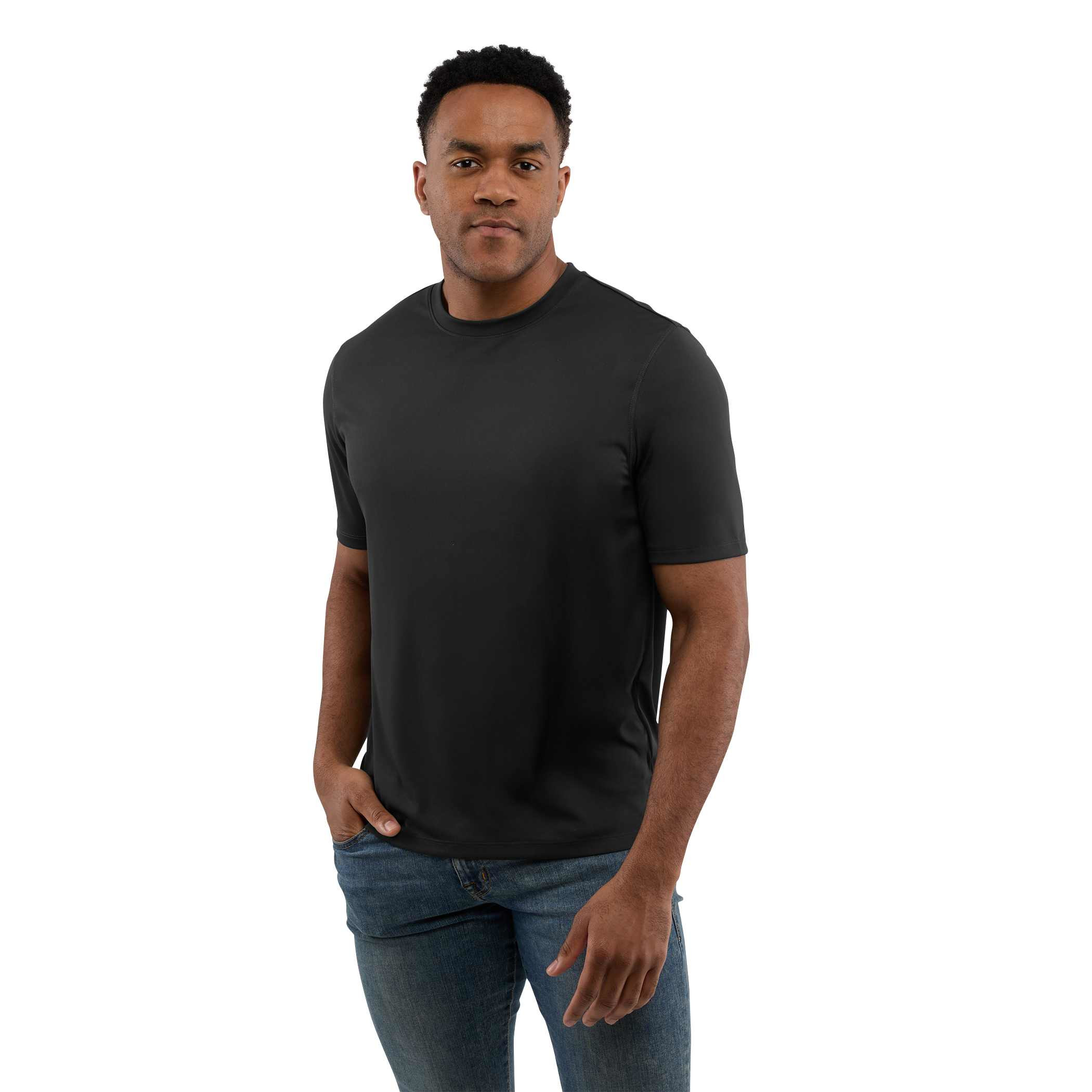 Black DARA Men’s Recycled Short Sleeve Tech Tee in a lightweight, smooth-knit 100% recycled polyester fabric, featuring a classic crew neck, short sleeves, and a performance fit designed for comfort, breathability, and active or casual wear.