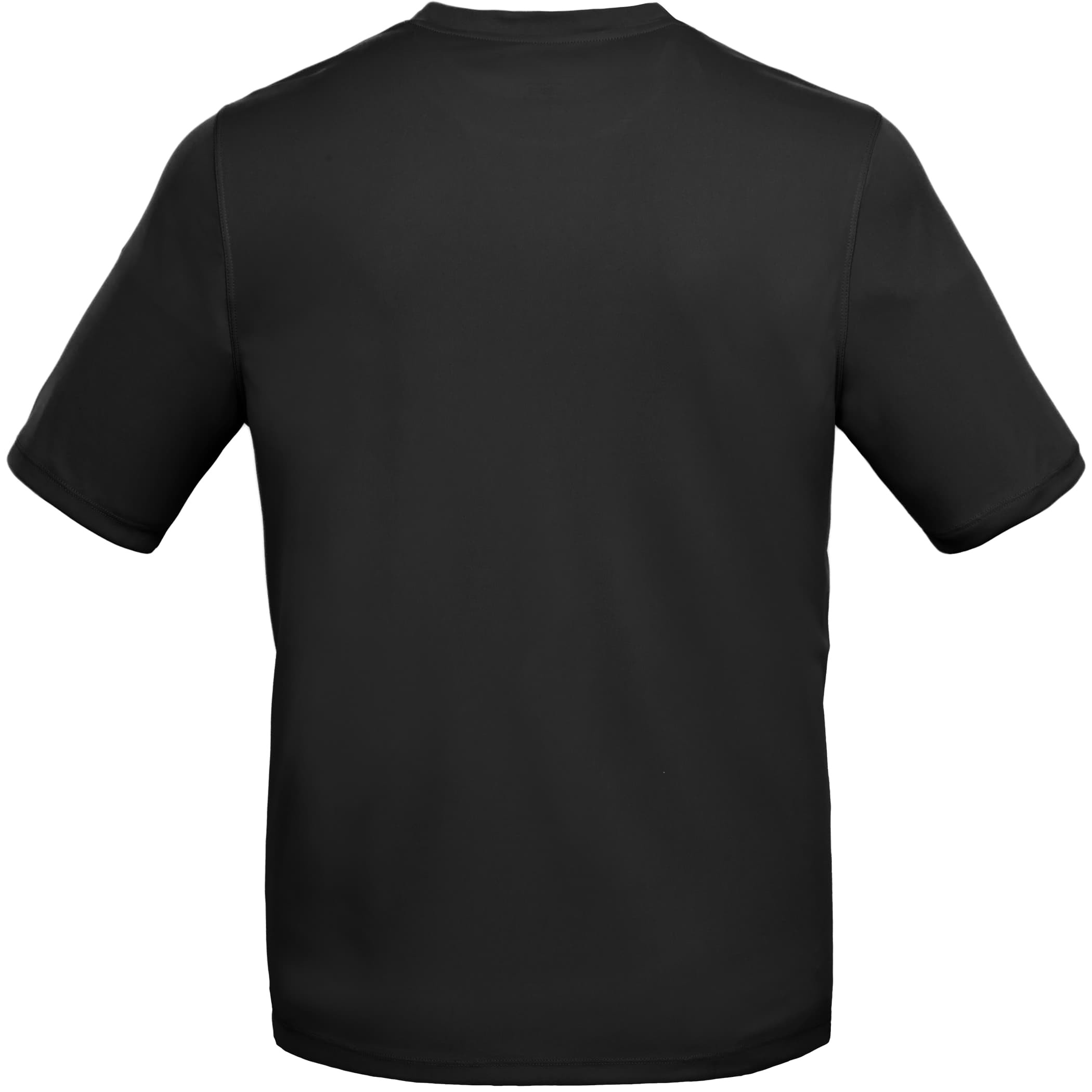 Black DARA Men’s Recycled Short Sleeve Tech Tee in a lightweight, smooth-knit 100% recycled polyester fabric, featuring a classic crew neck, short sleeves, and a performance fit designed for comfort, breathability, and active or casual wear.
