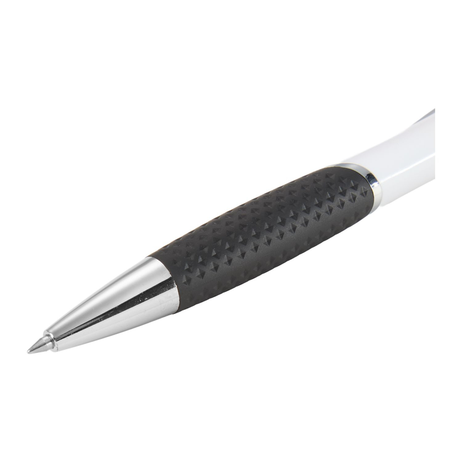 Black recycled ABS gel pen with color-accent trim, click-action mechanism, pocket clip, and smooth black ink for everyday writing.