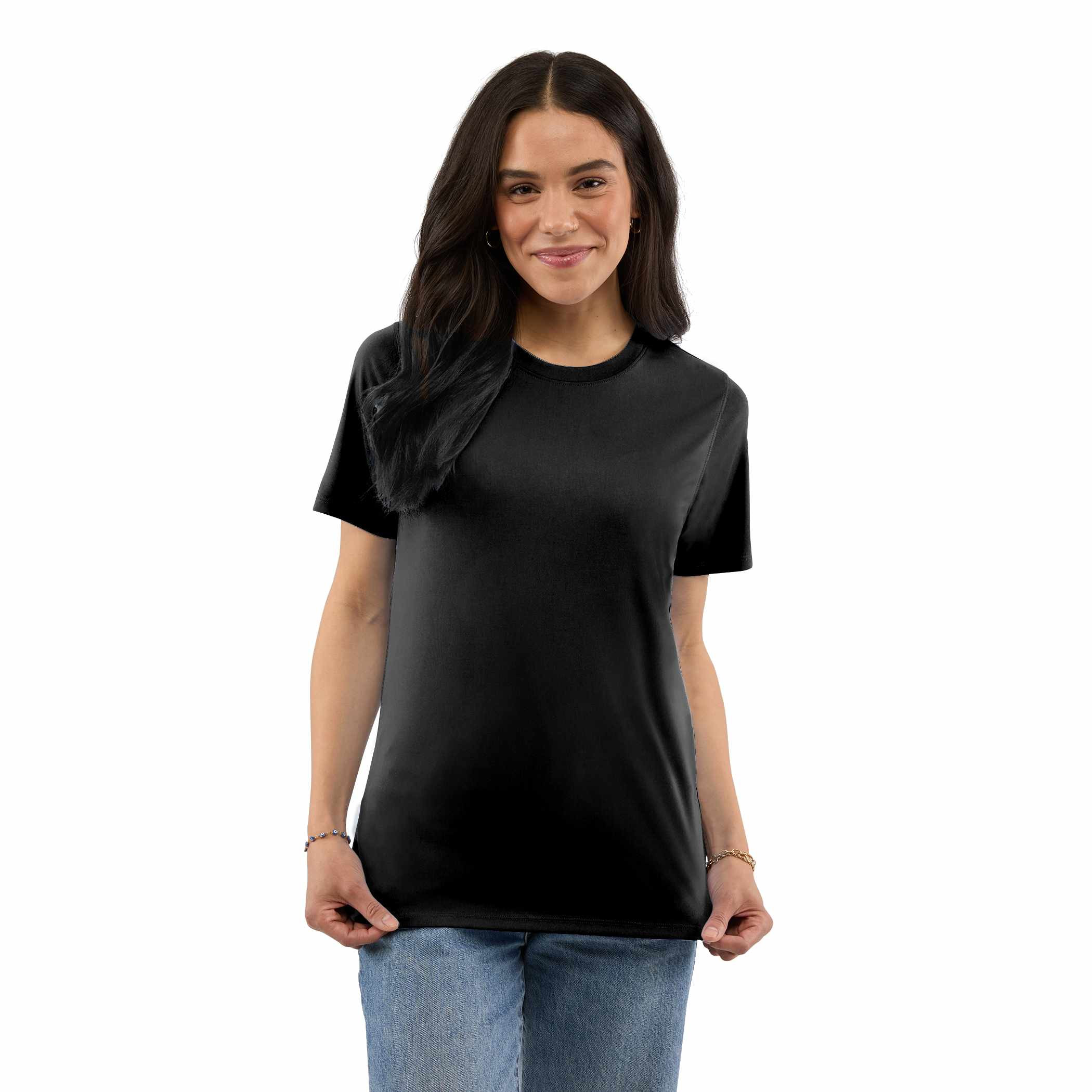 Black Women’s Dara Recycled Short Sleeve Tech Tee featuring a lightweight smooth-knit polyester fabric, crew neck, short sleeves, and a slightly flared feminine fit designed for active wear, casual use, and corporate apparel.