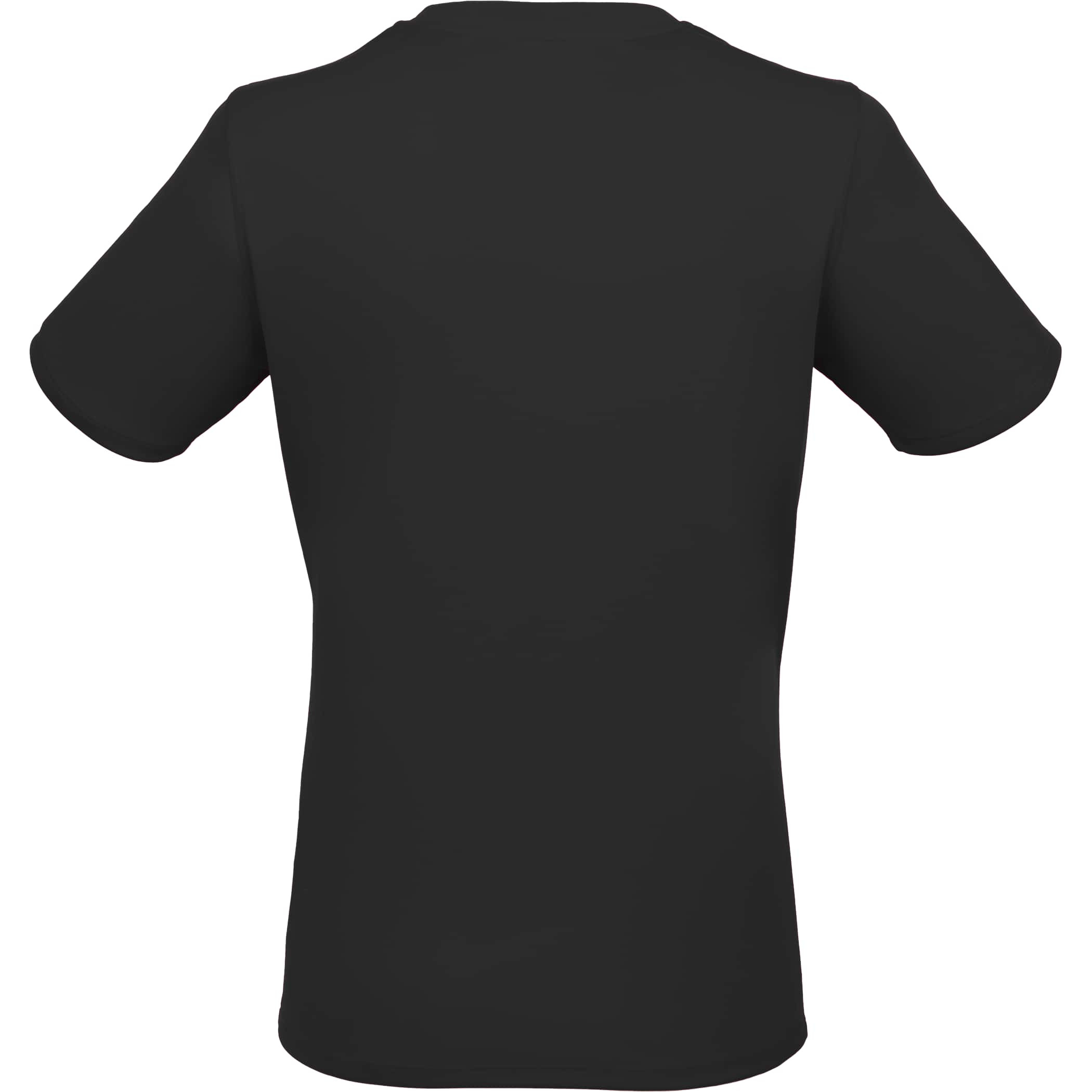 Black Women’s Dara Recycled Short Sleeve Tech Tee featuring a lightweight smooth-knit polyester fabric, crew neck, short sleeves, and a slightly flared feminine fit designed for active wear, casual use, and corporate apparel.