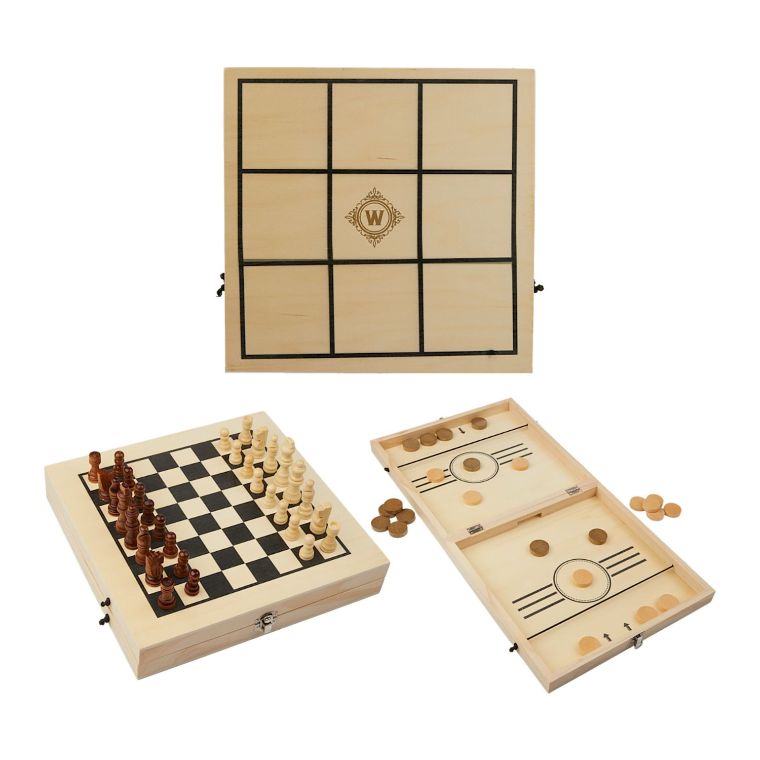Natural wood foldable tabletop game set featuring chess, checkers, tic-tac-toe, and sling puck with organized storage compartments and secure metal clasp.