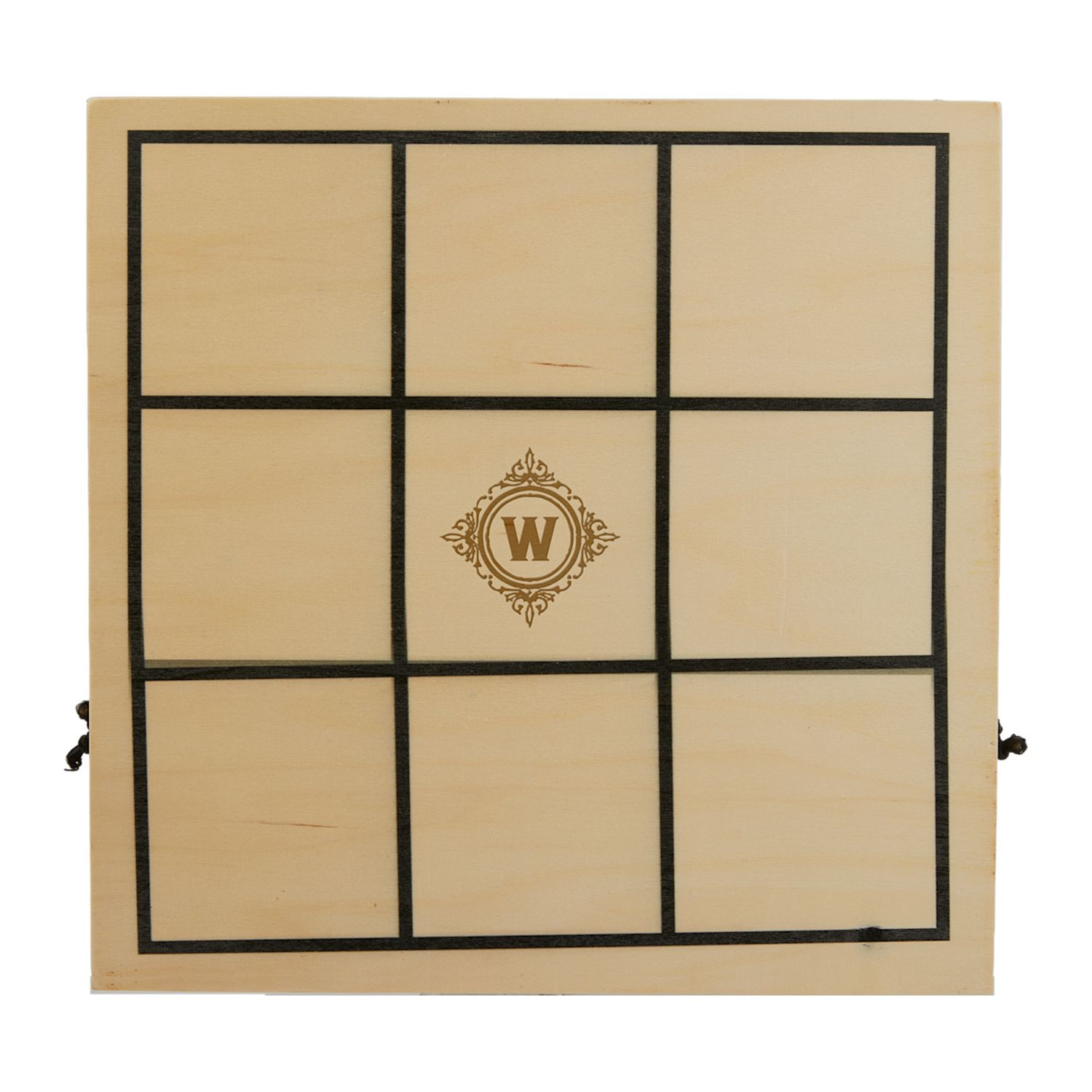 Natural wood foldable tabletop game set featuring chess, checkers, tic-tac-toe, and sling puck with organized storage compartments and secure metal clasp.