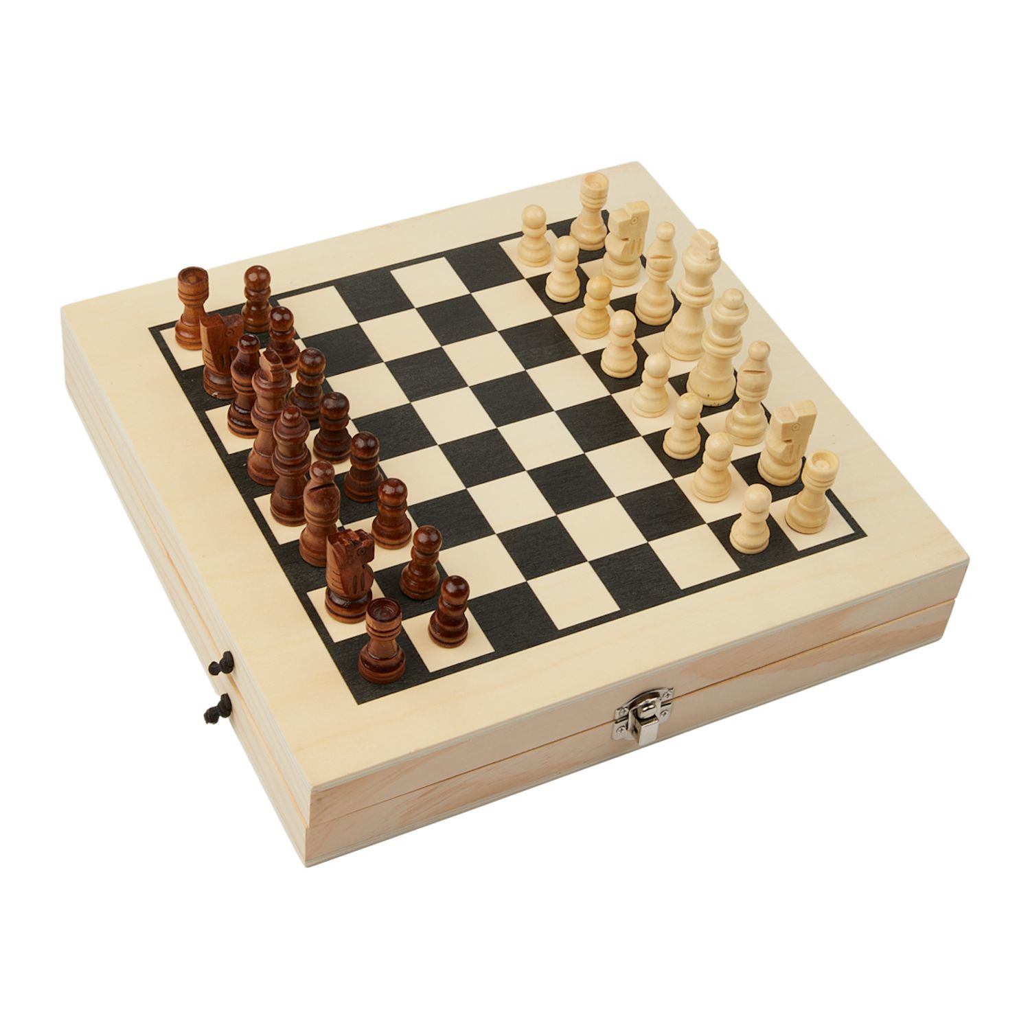 Natural wood foldable tabletop game set featuring chess, checkers, tic-tac-toe, and sling puck with organized storage compartments and secure metal clasp.