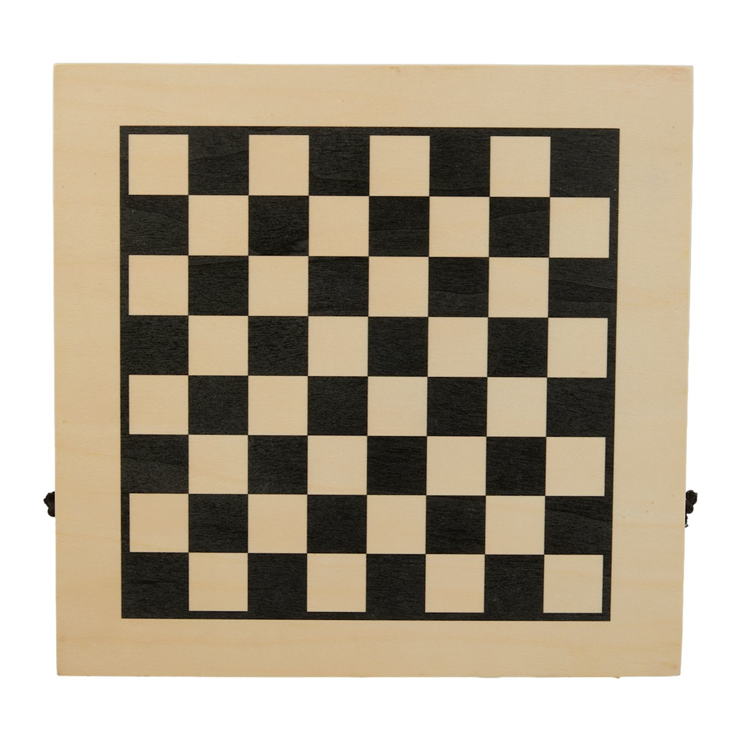 Natural wood foldable tabletop game set featuring chess, checkers, tic-tac-toe, and sling puck with organized storage compartments and secure metal clasp.
