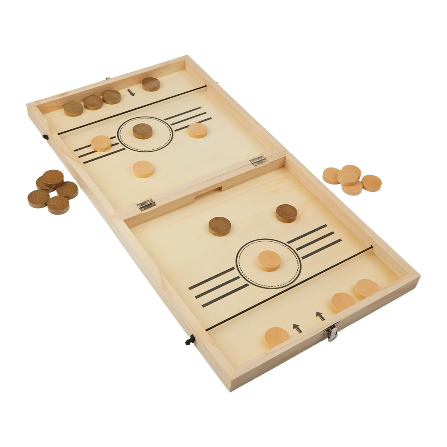 Natural wood foldable tabletop game set featuring chess, checkers, tic-tac-toe, and sling puck with organized storage compartments and secure metal clasp.