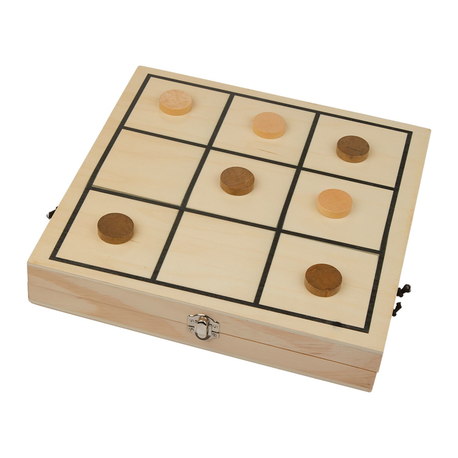 Natural wood foldable tabletop game set featuring chess, checkers, tic-tac-toe, and sling puck with organized storage compartments and secure metal clasp.