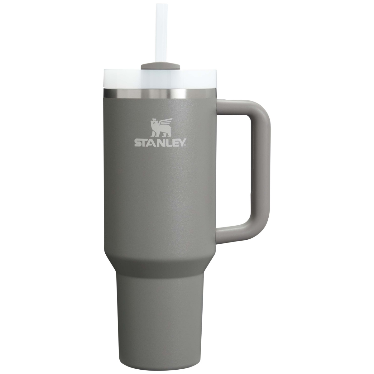 Stone 40 oz insulated tumbler with a soft light gray finish, ergonomic handle, tapered base, reusable straw, and double-wall vacuum insulation designed for all-day hydration.